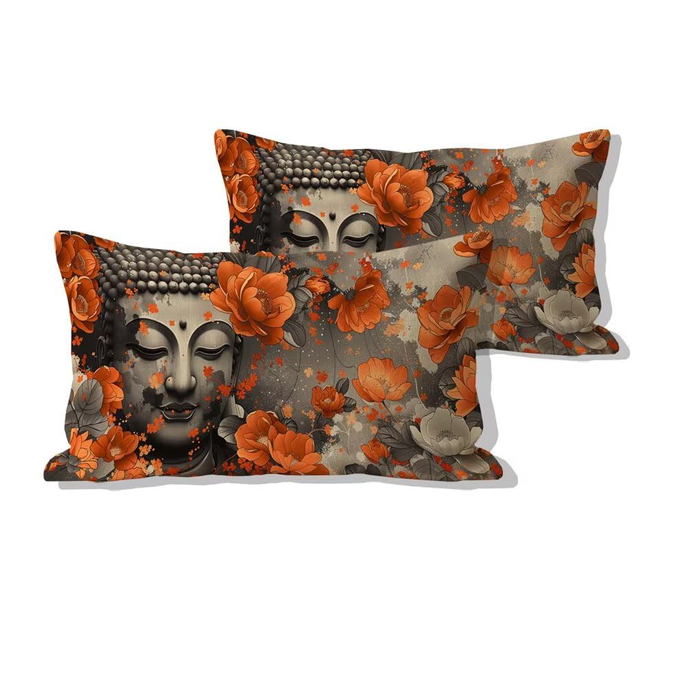 Lot de 2 housses de coussin 40x80cm en lin motif statue fleur avec fermeture éclair invisible