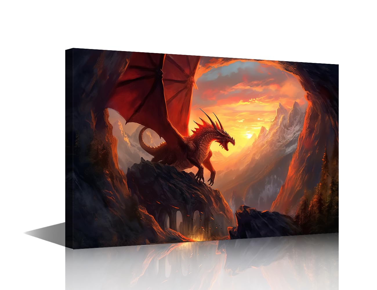 TISHIRON Ancient Dragon Canvas Wall Art 1 Panels Mythical Creatures Posters Wall Canvas Art Sunset Wall Decor for Bedroom Canvas Paintings Art Prints Stretched and Framed Ready to Hang (12" Wx18 H)