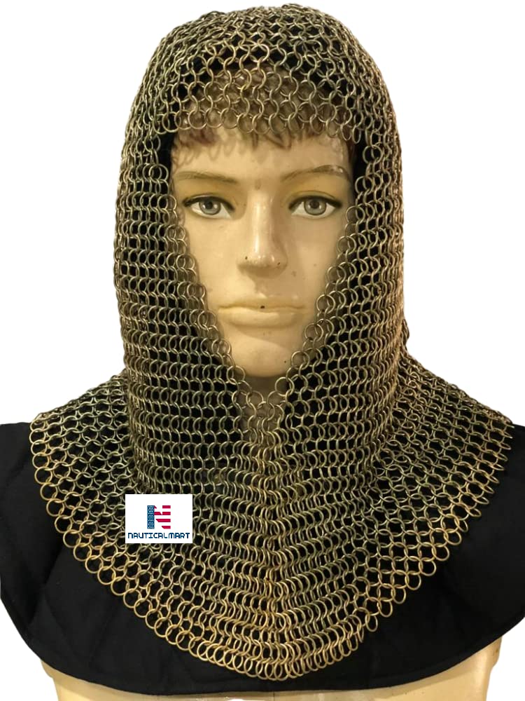 Nautical-Mart Chainmail Coif Medieval Knight Renaissance Armor Chain Mail Hood Viking LARP (Brass Finish)