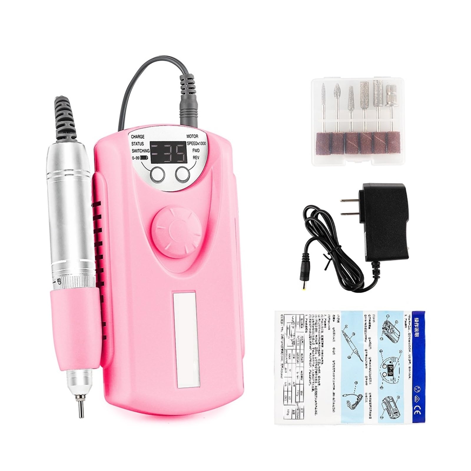 Taladro de uñas inalámbrico, máquina amoladora manicura, lima 35000RPM, pulidora, fresadora , herramienta Arte ,Baja vibración(Pink)