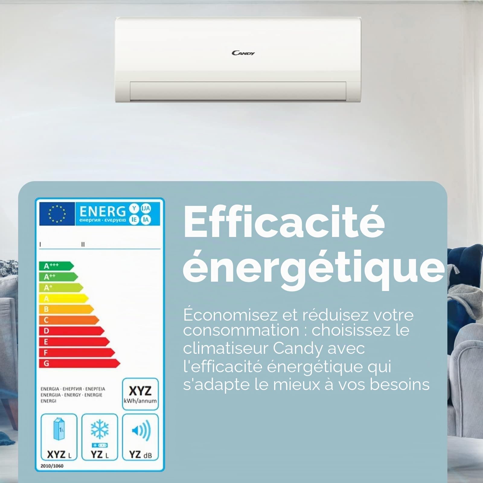 Candy, Climatiseur Smart Line Air 18000 Btu, 28 dBA, pompe à chaleur, déshumidificateur, Steri-Clean 56°, Self-Clean