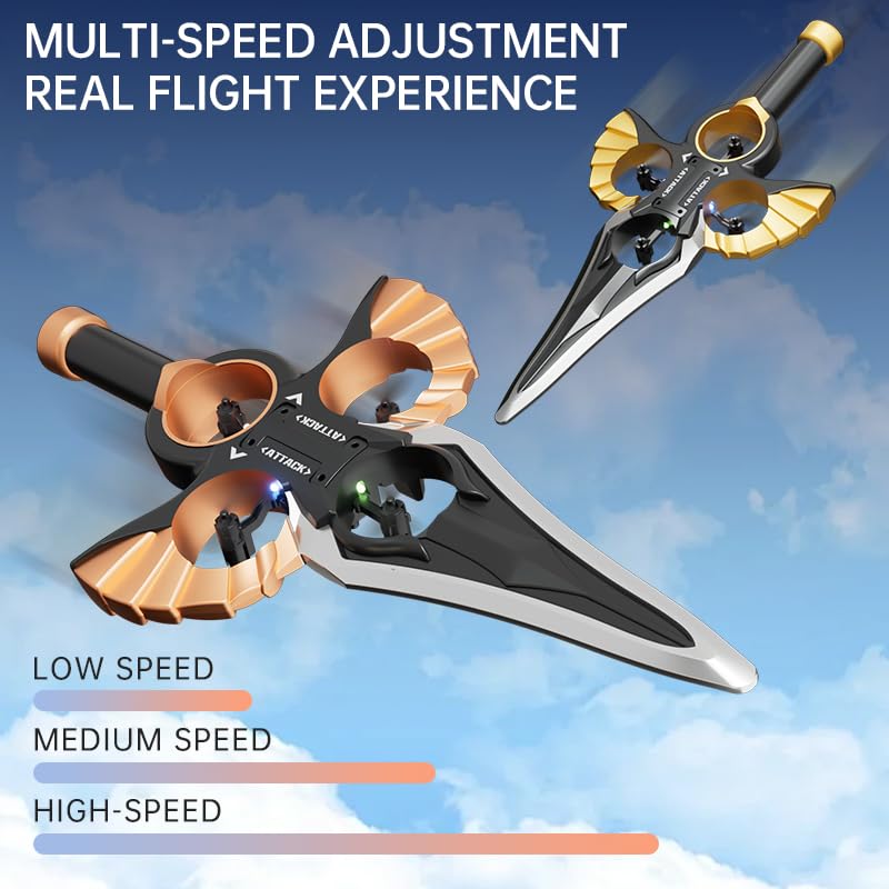 Drone RC “Spada Volante” per Bambini e Adulti, Controllo con Gesti e Telecomando, 3 Velocità, Flip 360°, Doppia Batteria, Facile da Pilotare, Nero Bronzo