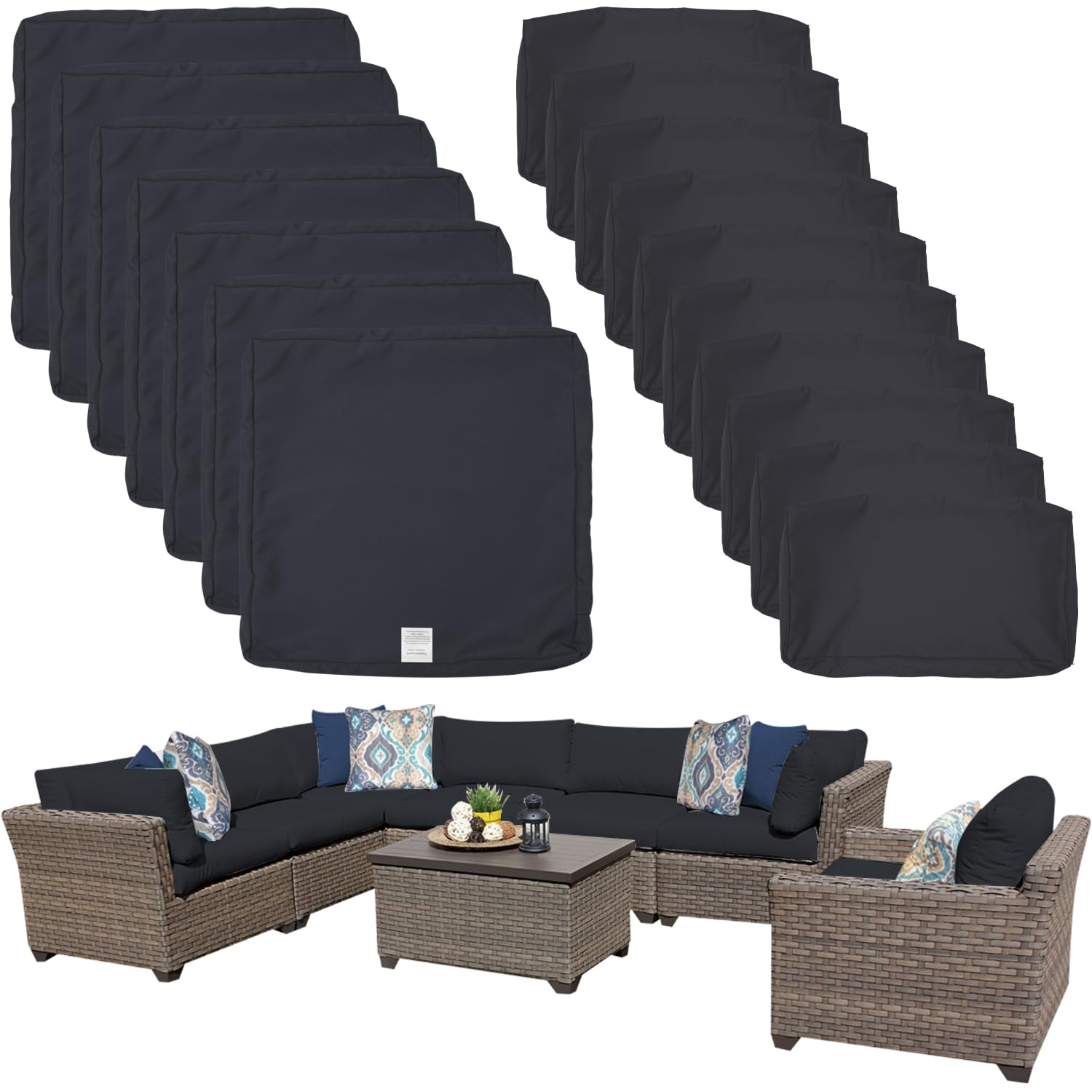 ClawsCover 17Pack Outdoor Seat and Back Cushions Replacement Covers Fit for 8 Pieces 7-Seater Wicker Rattan Patio Furniture Conversation Set Sectional Couch,Dark Gray-Include Cover Only