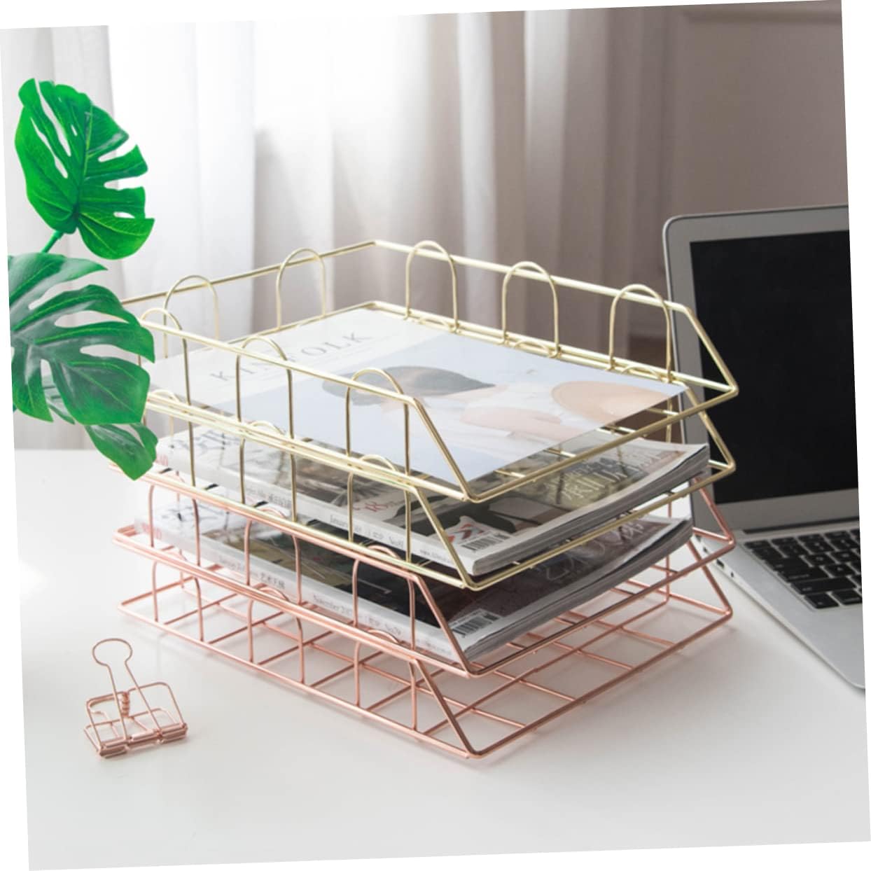 2pcs Metal File Storage Basket Stackable Document Rack for Office Supplies Gold