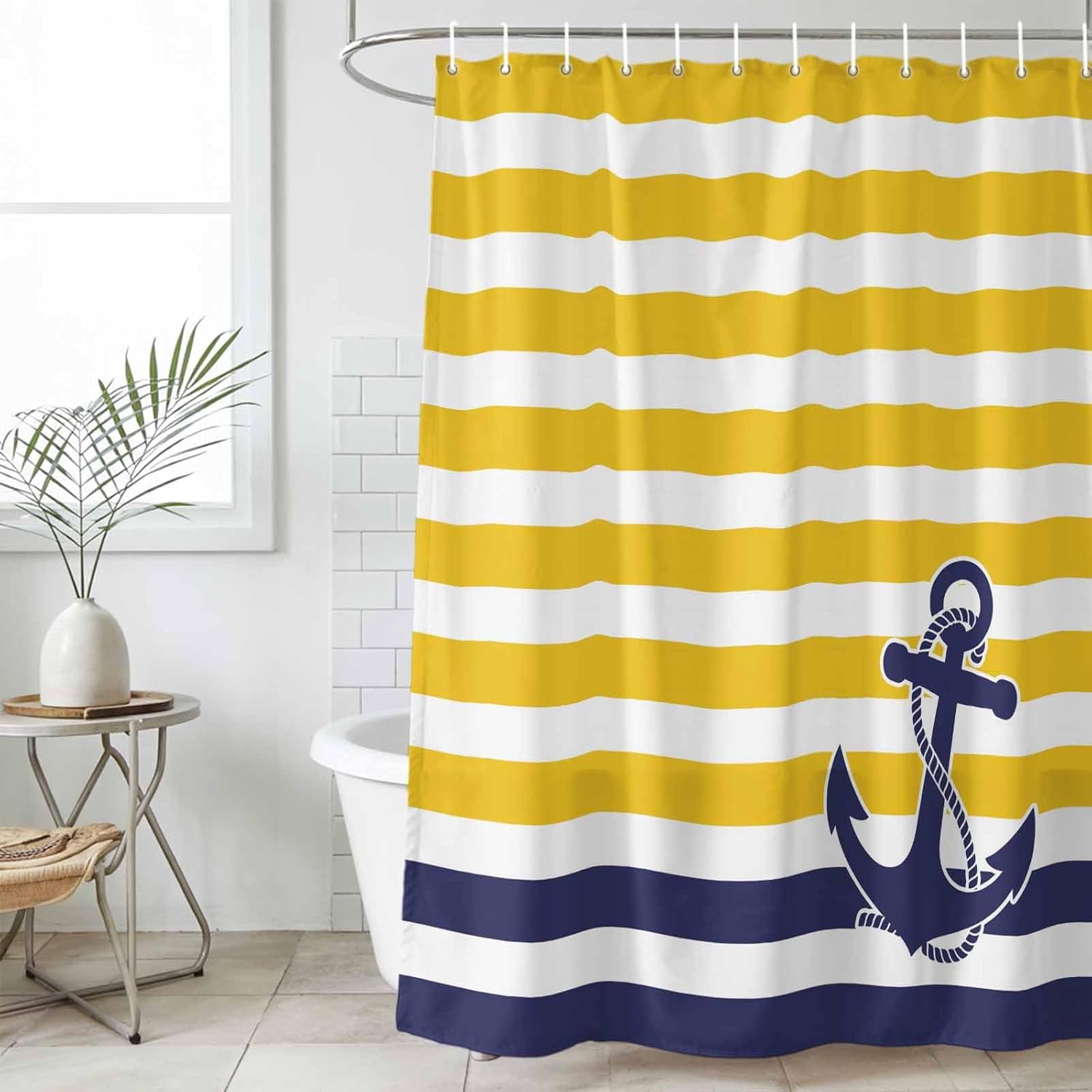 T&H XHome Ocean Shower Curtain Anchor Sage Yellow and Blue Striped Vintage Shower Curtains for Bathroom Polyester Waterproof Fabric Cloth Home Bathtub Decor with Hooks 48x72 Inch