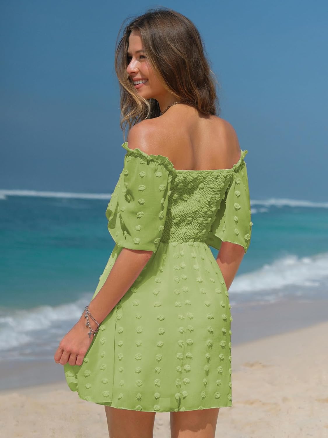 EXLURA Women's 2026 Summer Casual Square Neck Dresses Ruffle Short Sleeve Swiss Dot Flowy Mini Dress - Image 5