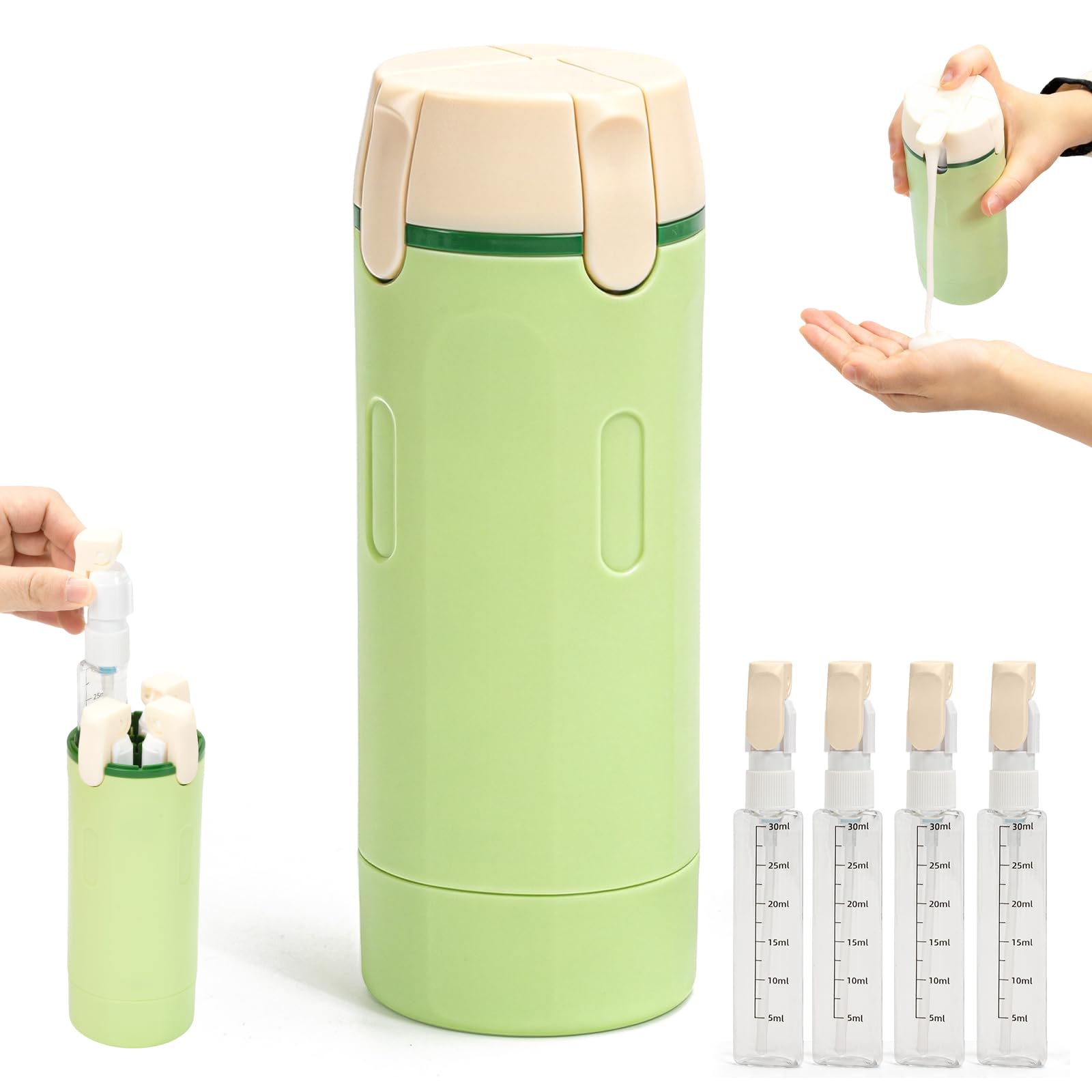 Set di 4 flaconi dispenser da viaggio: flaconi con pompetta ricaricabili, a prova di perdite, per articoli da toeletta - contenitori da viaggio portatili per shampoo, lozione, balsamo e crema (verde)