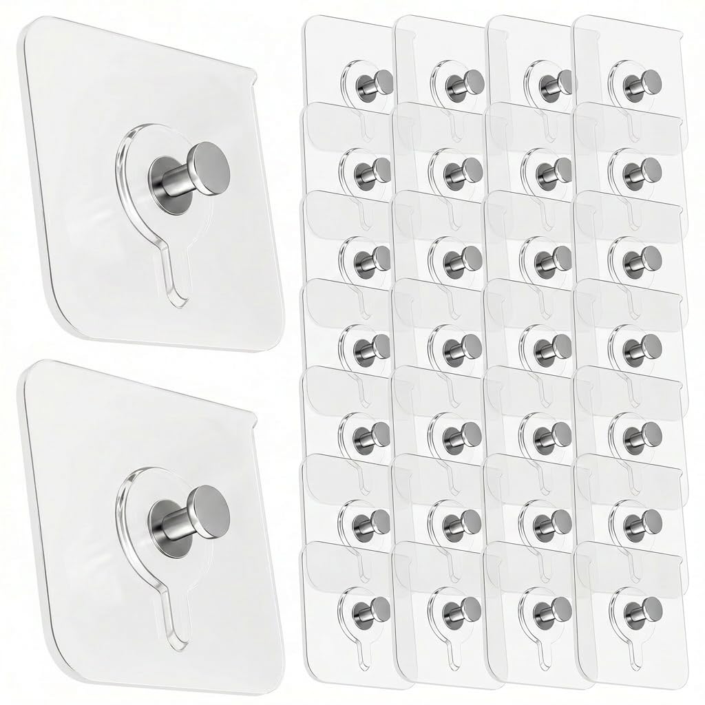 30 Pcs Transparent Adhesive Picture Hooks, Heavy Duty Adhesive Wall Hooks, No Nails Wall Hook for Frames Posters Photo, Sticky Damage Free Wall Hangers for Kitchen Bathroom Living Room Home Office