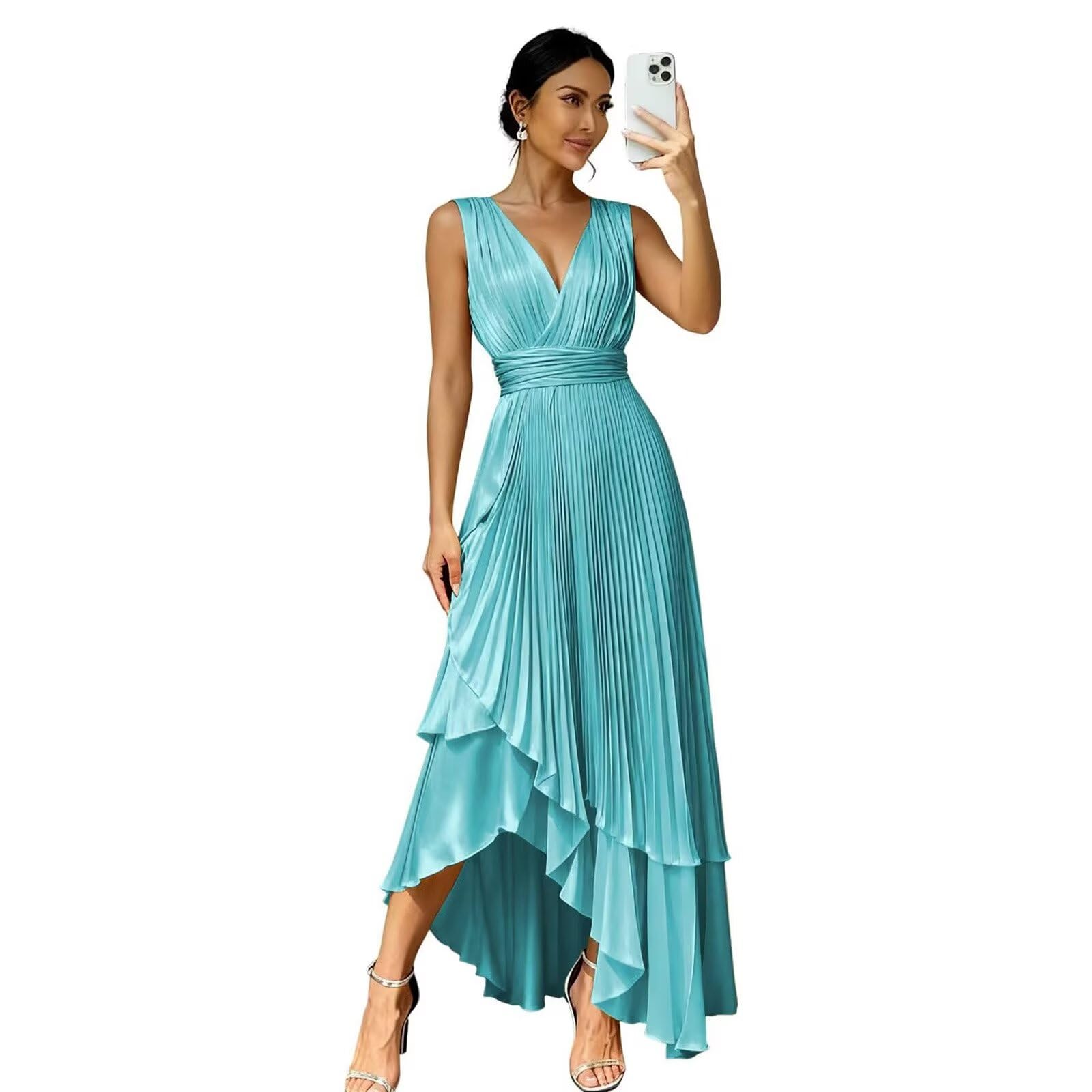 Pleated Satin Bridesmaid Dress for Women Bow V-Neck Formal Evening Dress