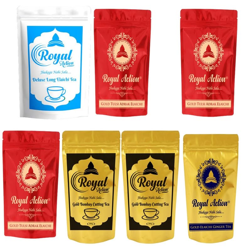 Royal Action Masala Tea Combo Pack | Deluxe Long Elaichi + 3 Gold Tulsi Adrak Elaichi + 2 Gold Bombay Cutting + Gold Elaichi Ginger 1950g | Rich in Taste and Aroma | Strong Flavour