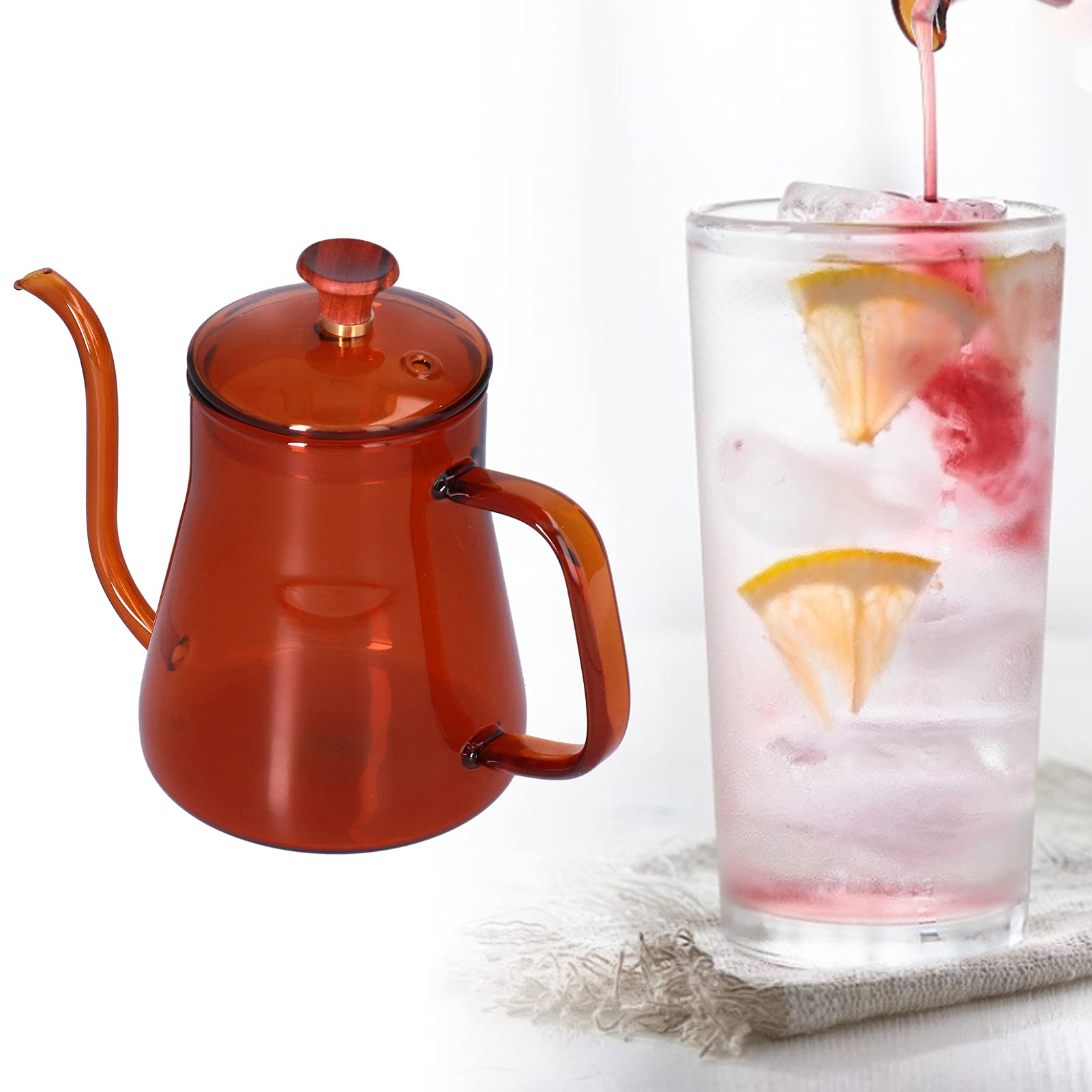 Bollitore Hapvida con Beccuccio Lungo, Caffettiera a Collo di Cigno in Vetro Borosilicato 1000ml Resistente al Calore per Caffè e Tè (Marrone)