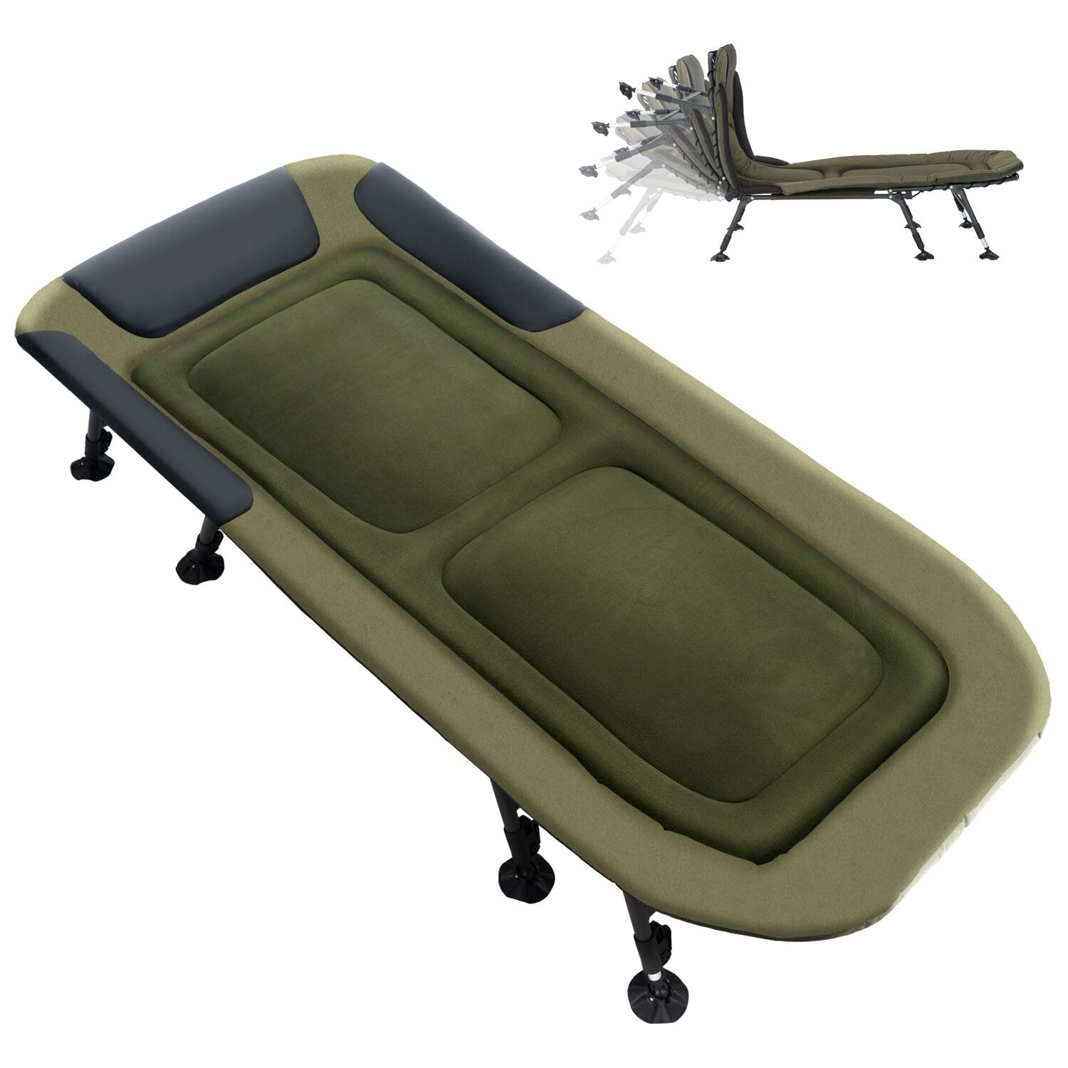 YOUGYM XXL Camping Cot for Adults 330Lbs with Carry Bag, Heavy Duty Folding Bed with Soft Padded Cushion, Portable Camp Bed for Hunting, 180° Adjustable Reclining Outdoor Lounger, Green