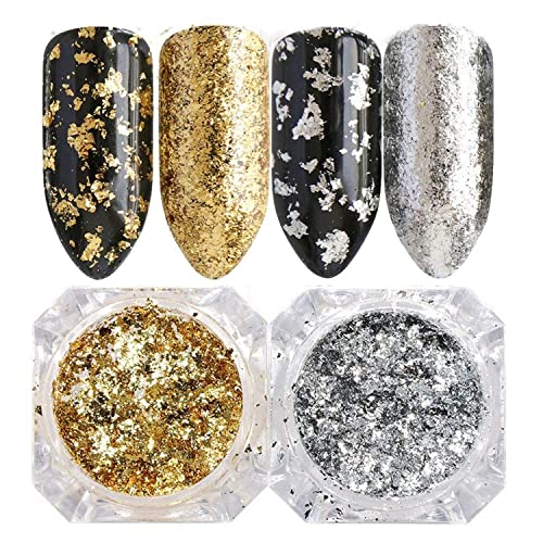 Holographic Chrome Nail Powder Metallic Mirror Effect Kits, 2 Boxes Aluminum Gold Silver Irregular Glitter Flakes Mirror Chrome Powder Manicure For Nail Decorations(2 Box Silver/Gold) #TOP24