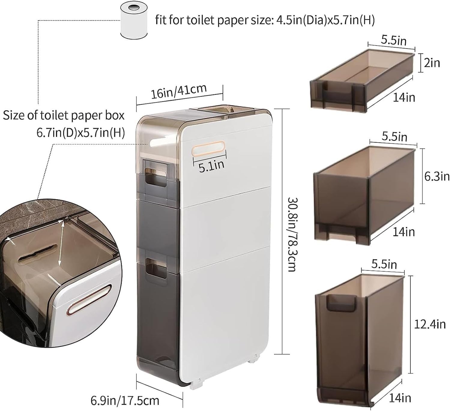 Free Standing Toilet Storage Cabinet Multifunctional with Drawers and Wheels 2tier/3tier4tier Small Bathroom Narrow(3 Layers)