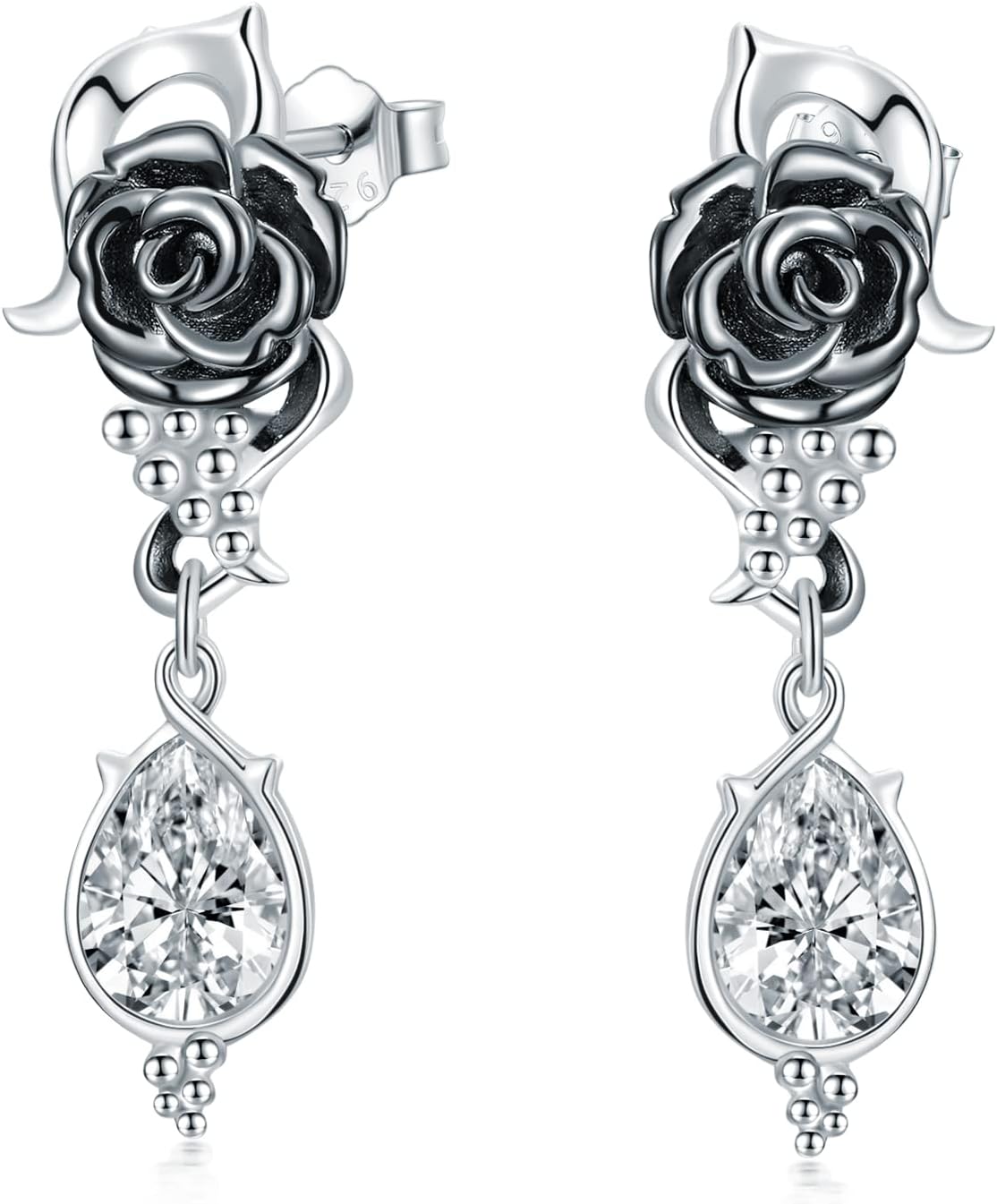Silver Black Rose Stud Earrings 925 Sterling Silver Long Dangle Earrings Gothic Punk Drop Earrings Gothic Jewelry Gifts for Women Cocktail Party Halloween