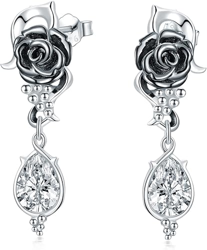 Aretes largos de plata de ley 925 con rosas negras y góticas, aretes de gota punk, regalos de joyería gótica para mujer, cóctel, fiesta, Halloween