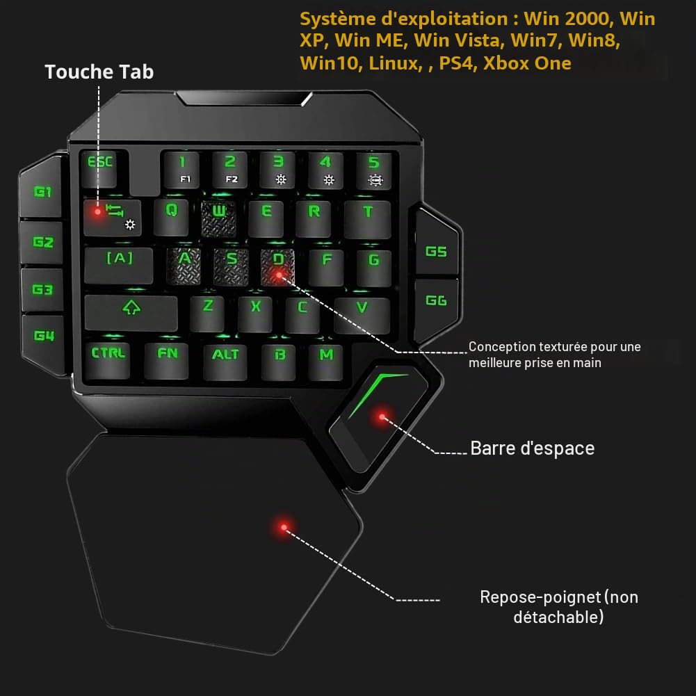 Clavier de jeu mécanique RVB à une main, rétroéclairé coloré, repose-poignet, clavier mécanique professionnel filaire USB à une main pour jeu