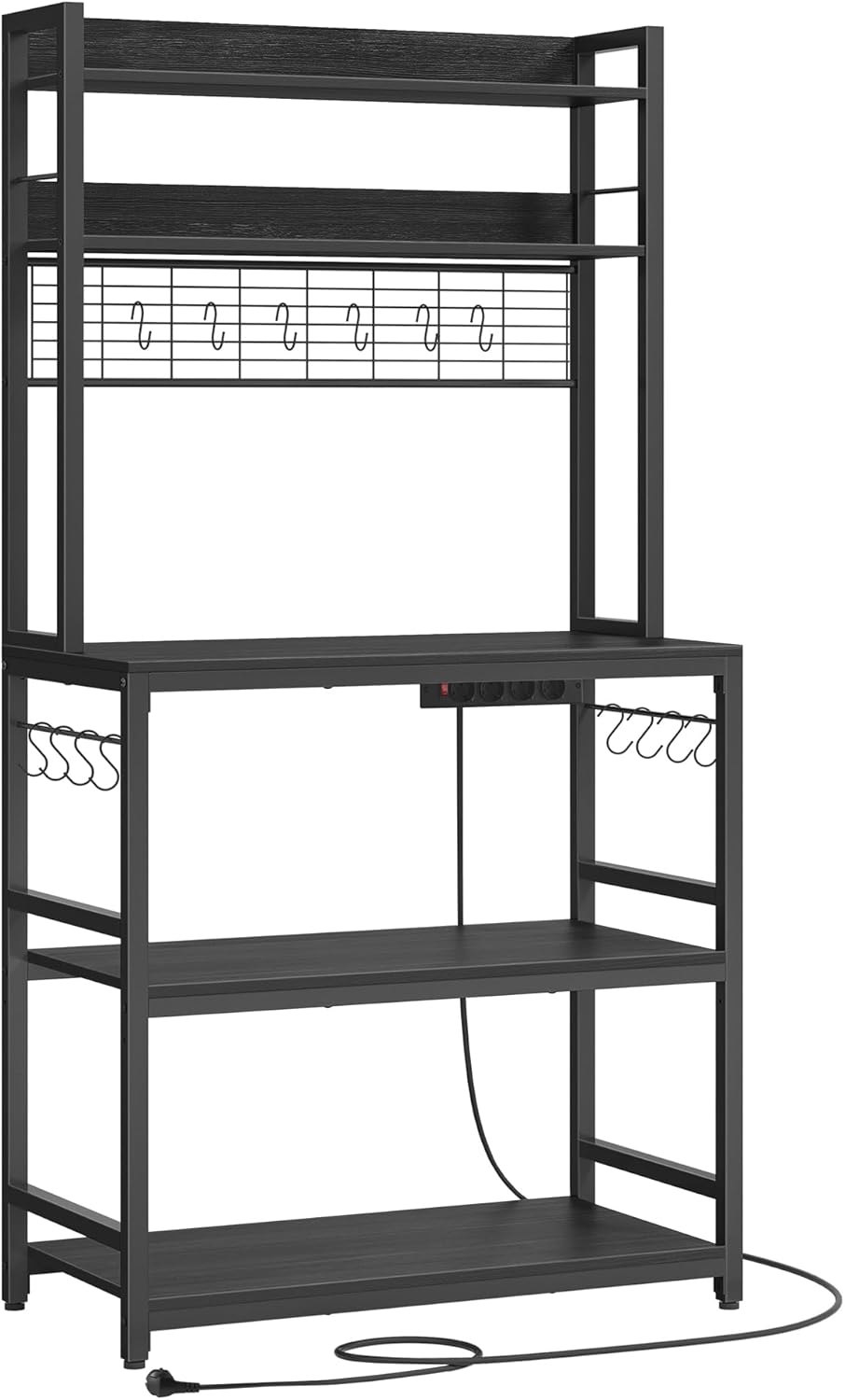 VASAGLE Scaffale Cucina con Multipresa, Scaffale per Microonde, Mobile Cucina, con Pannello a Rete Metallica, 14 Ganci, 40 x 80 x 170 cm, Grigio Antracite e Nero KKS025B32
