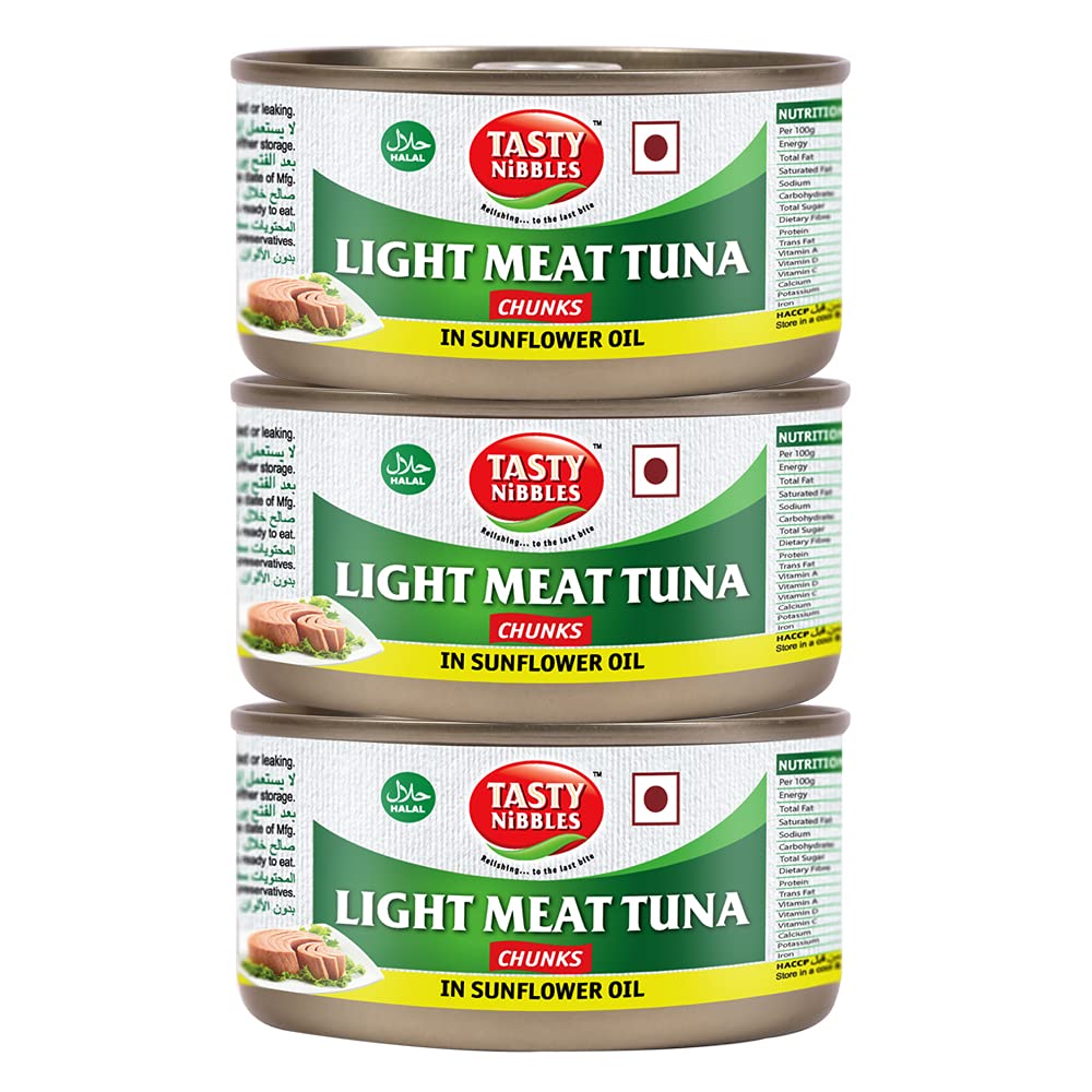 Tasty Nibbles Light Meat Tuna Chunks in Sunflower Oil 185g X 3 (Pack of 3, 555g)-image-45