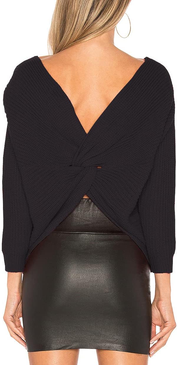 ALENDA DANMOS Women V Neck Criss Cross Twisted Back Sweater Long Batwing Sleeves Cropped Top Off Shoulder Pullovers - Image 3