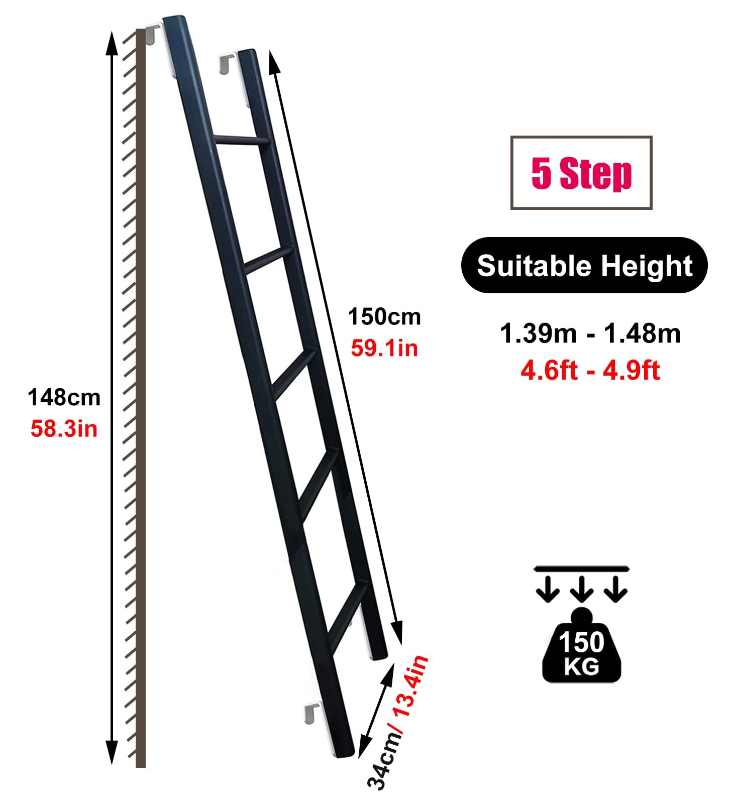 Escalera para literas de Autocaravana. Escalera Resistente de 150 cm de Altura Que soporta hasta 150 kg literas. Fácil de Instalar. Robusta y Segura para niños y Adultos.