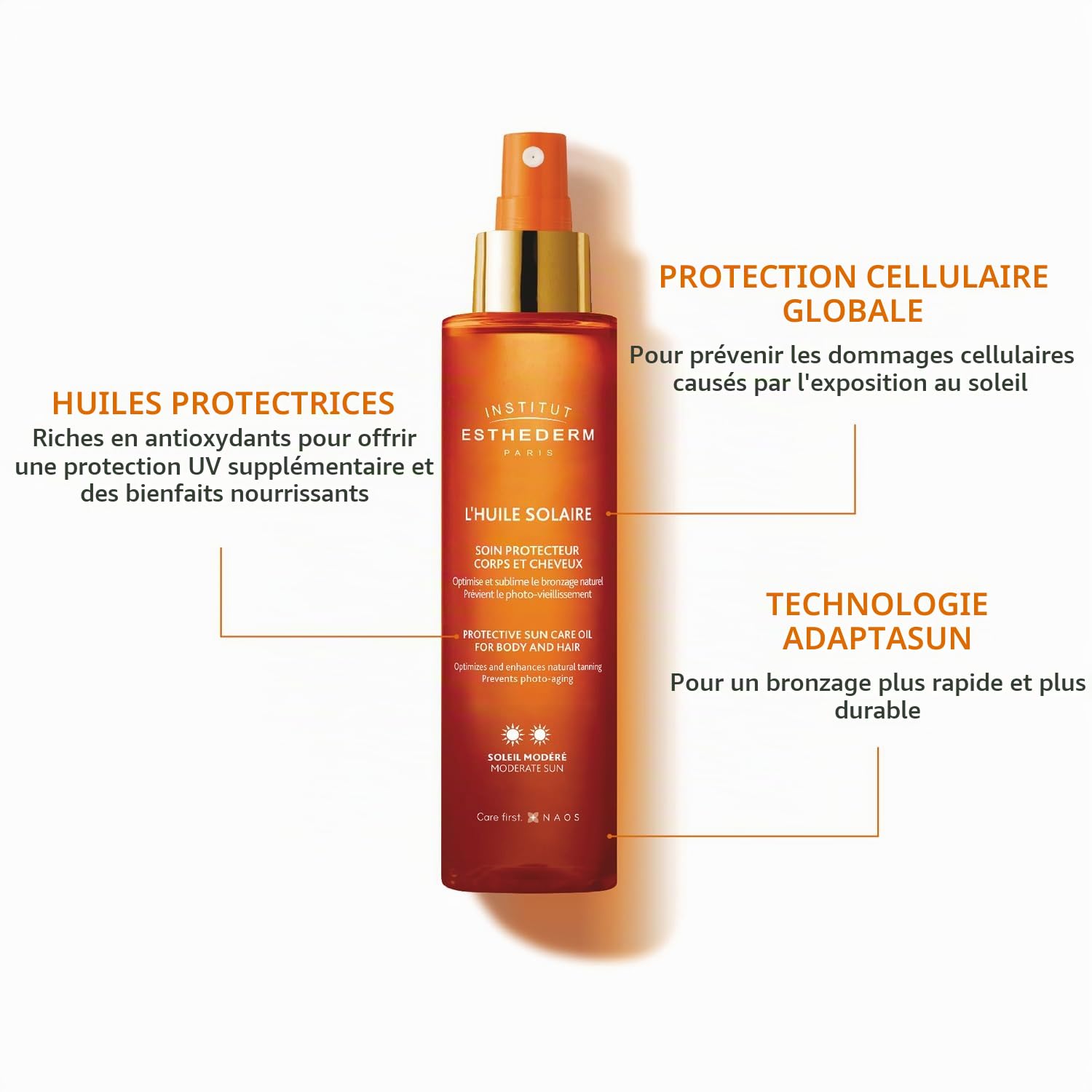 Institut Esthederm - Huile Solaire - Soin Protecteur Corps et Cheveux - Active et Stimule le Bronzage Naturel - Sans Silicone, Sans Alcool - Soleil Fort - Spray Rond 150ml