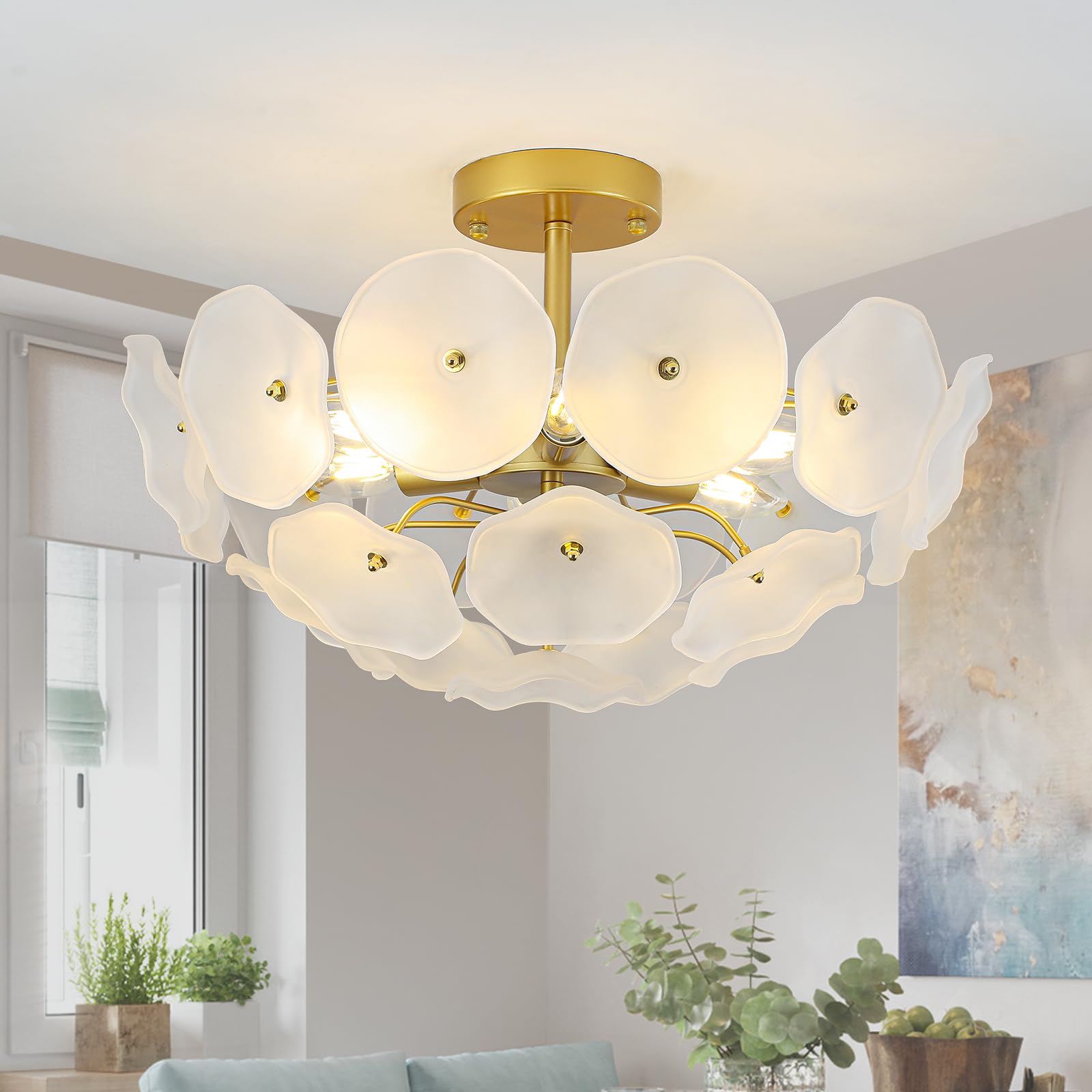 JHLBYL Gold Semi Flush Ceiling Light, 6-Light White Glass Lotus Leaf Lamp, Low Profile E14 Fitting