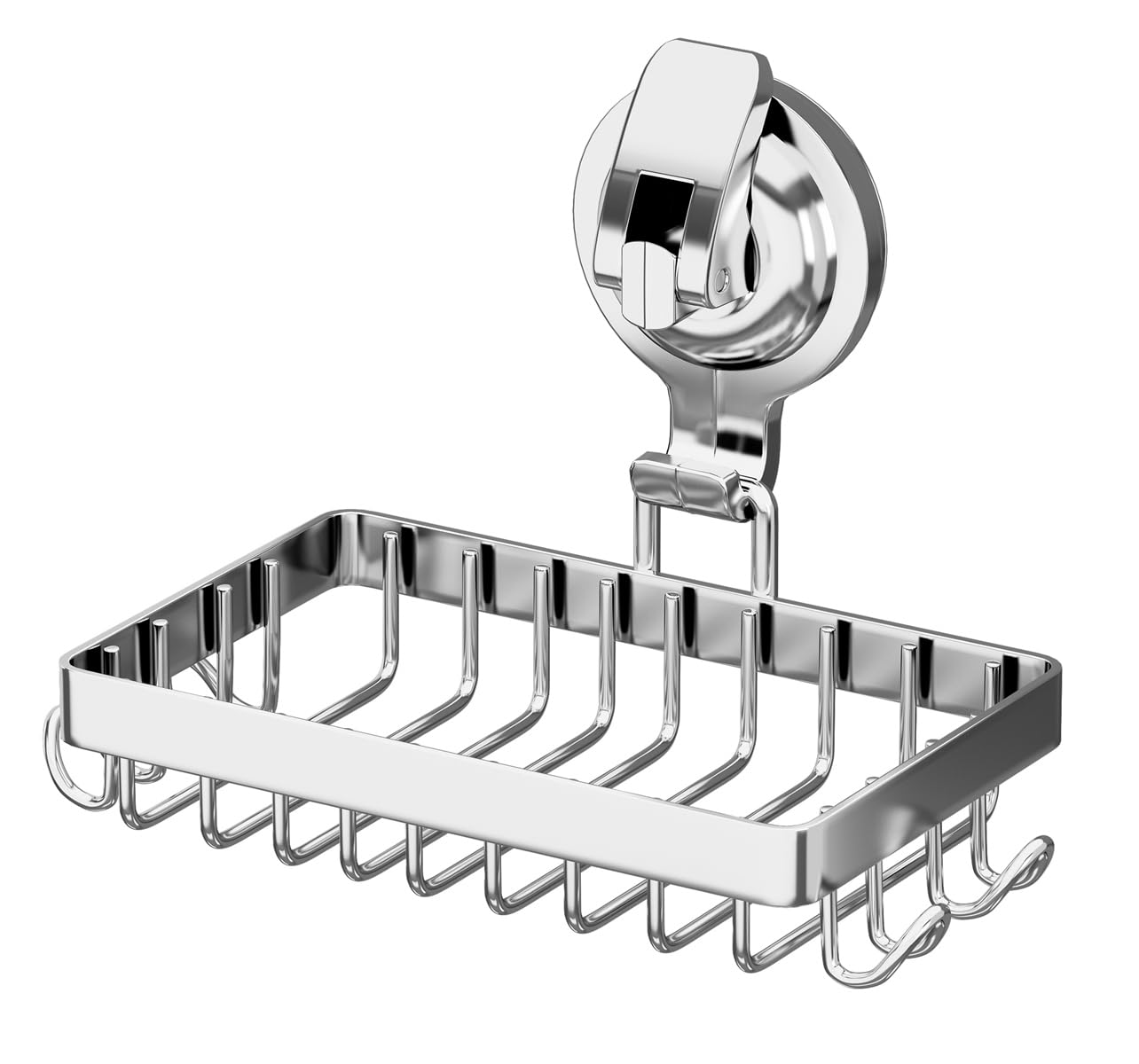 Soap Dish for Shower, Suction Cup Soap Holder with 4 Hooks, 304 Stainless Steel, Silver