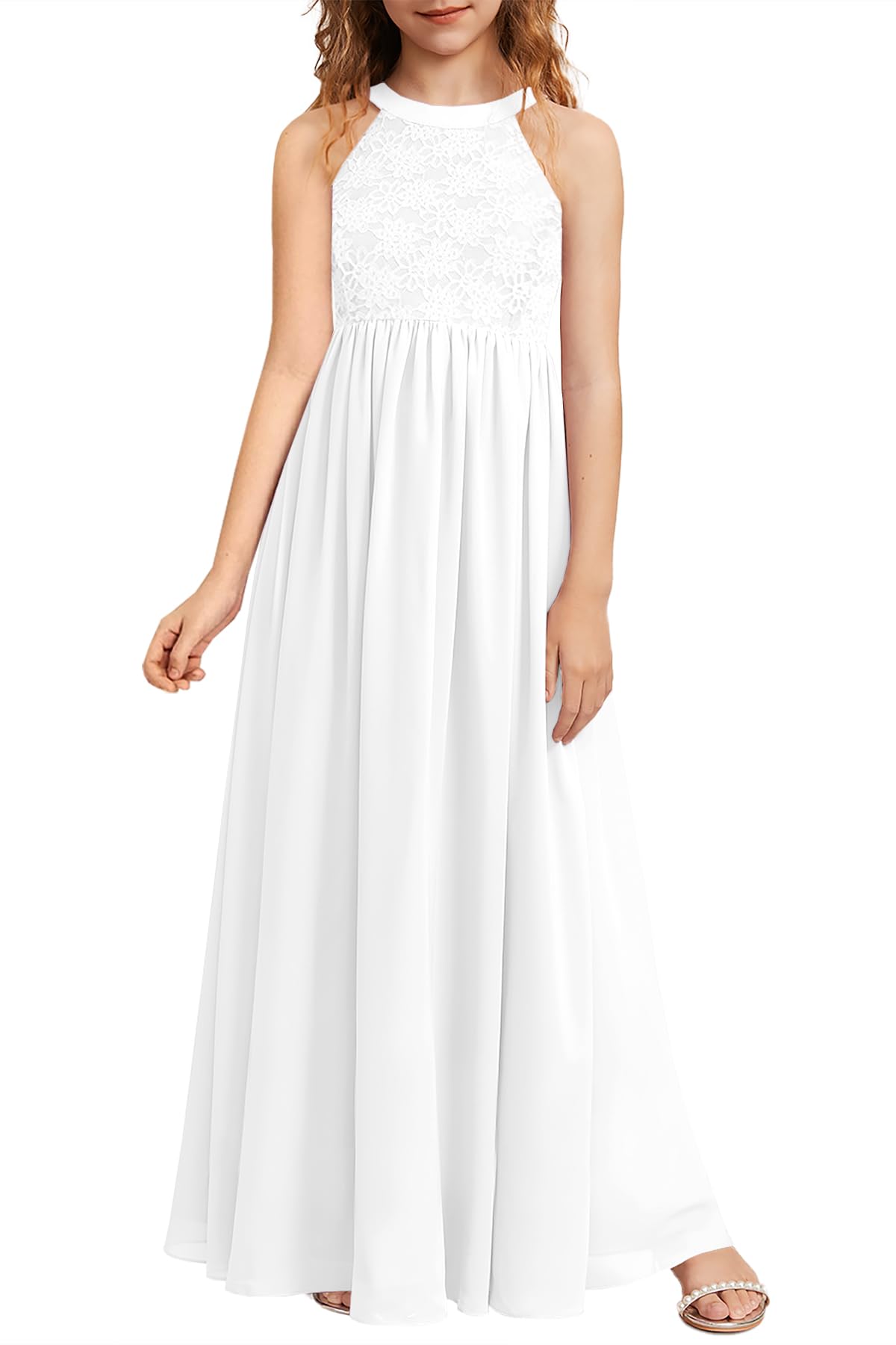 HOSIKA Girls Halter Neck Sleeveless Elegant Lace Chiffon A-line Long Flower Girl Dress for Wedding Party 6-12 Y