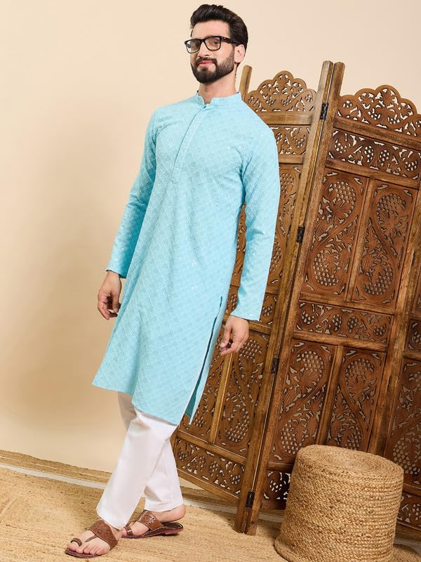 Image of Men's Viscose Rayon Solid Embroidered Long Straight Kurta | Men's Kurta | Embroidered Chikankari Kurta for Men | Straight Fit Kurta for Men