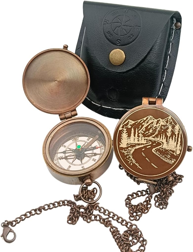 Handcrafted Vintage Brass Mountains and Road Engraved Compass in Leather Case – Antique Engraved Compass Gift for Men – Collectible Gift for Him – Ideal for Thanksgiving, Christmas, Holiday
