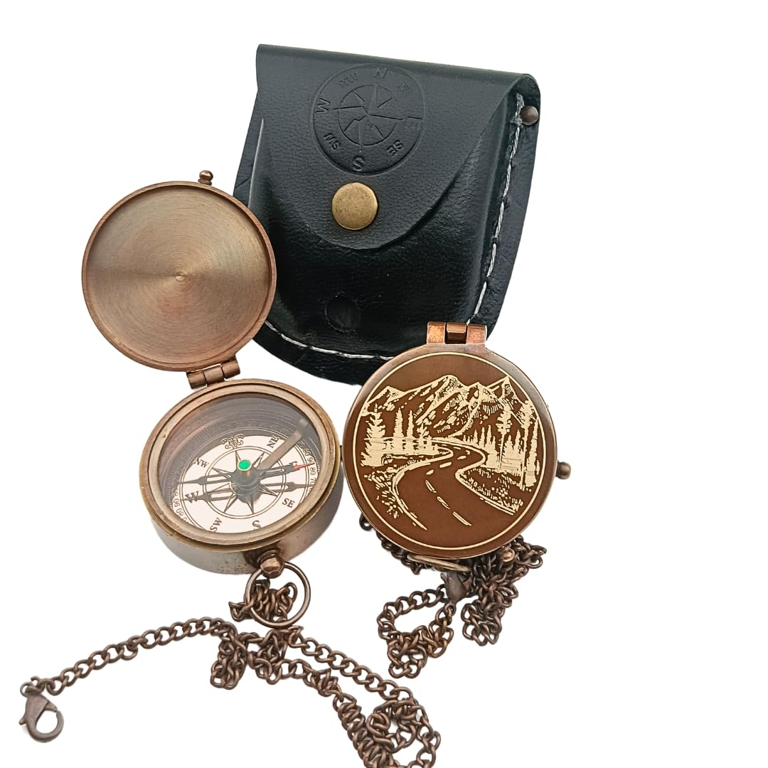 Mountains and Road Engraved Compass in Leather Case -Baptism Gift for Teenage Boys, Christian, Catholic, Communion, Confirmation, Graduation, Sentimental & Inspirational Present