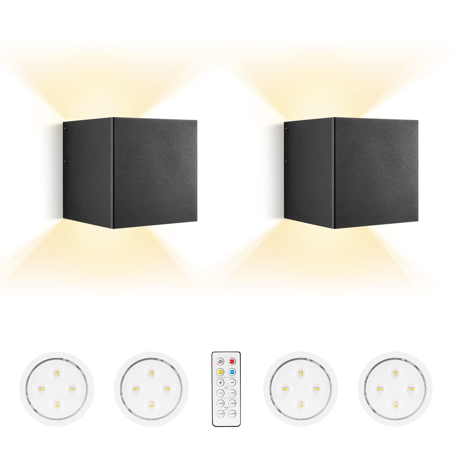HEQIQEH Modern Style Battery Operated Wall Lights, LED Cube Indoor Up and Down Wall Lamp with Remote Control, Dimmable Cordless Wall Sconces Fixtures for Living Room,Bedside (Black - 2 Pack)