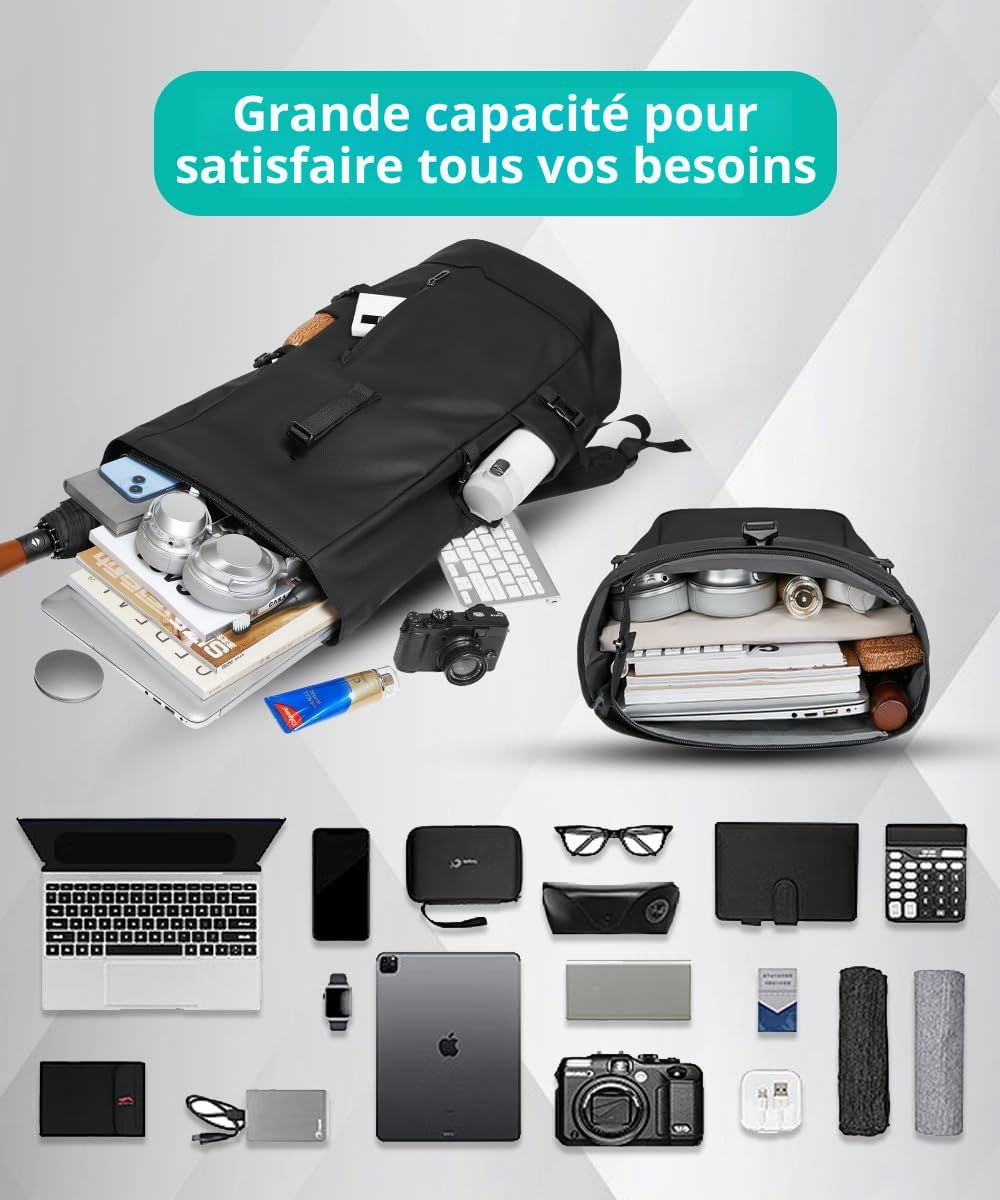 Sac a Dos Homme Etanche 33L pour 15 Pouces Ordinateur Portable Extensible pour Randonnée Travail Voyage Cyclisme Université-Noir