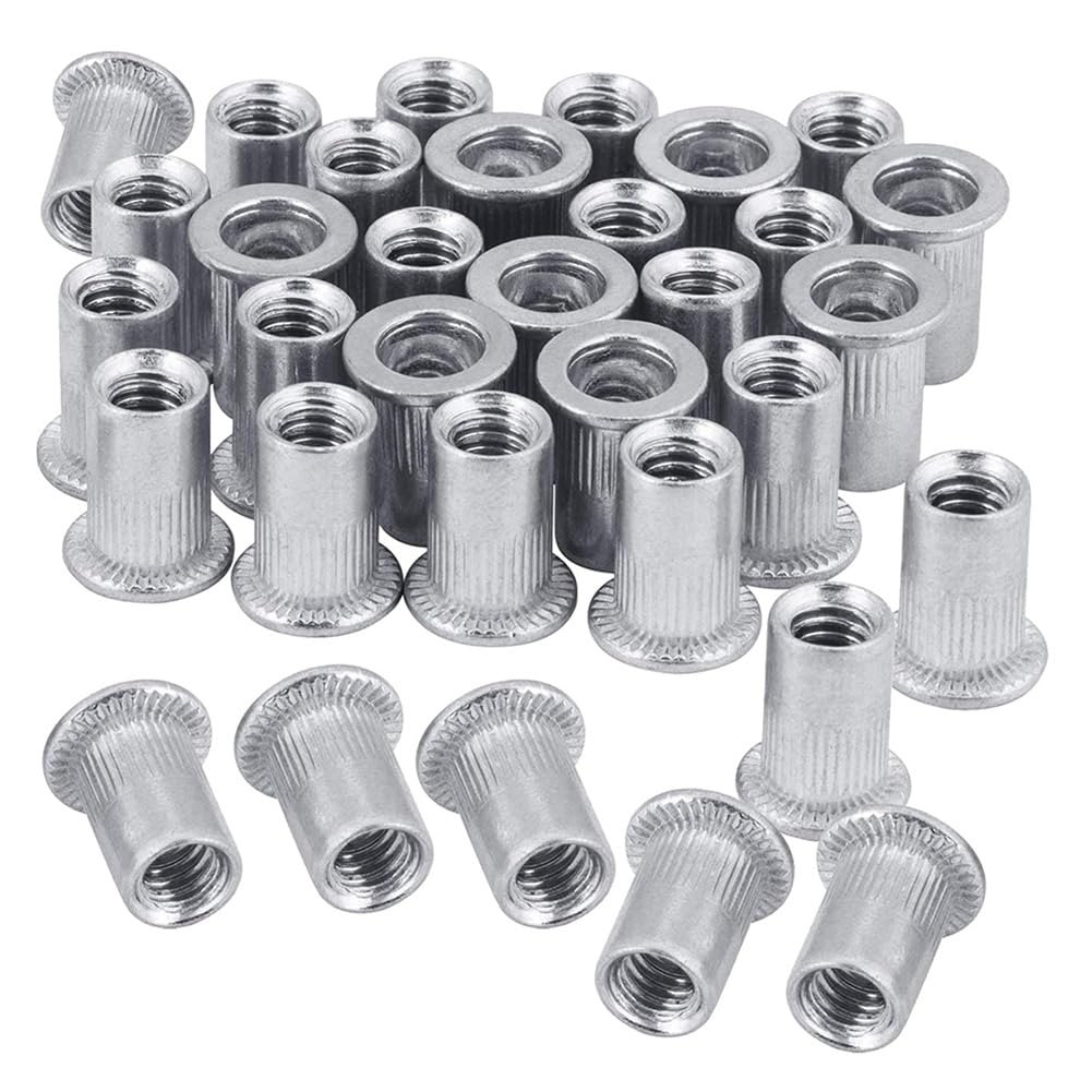 Aisuoka Nut 100Pcs 1/4In-20Unc Stainless Steel 304 Finish Flat Head Rivnut Threaded Insert Nut Knurled Body Vertical Rivets Nut Replacement Accessories