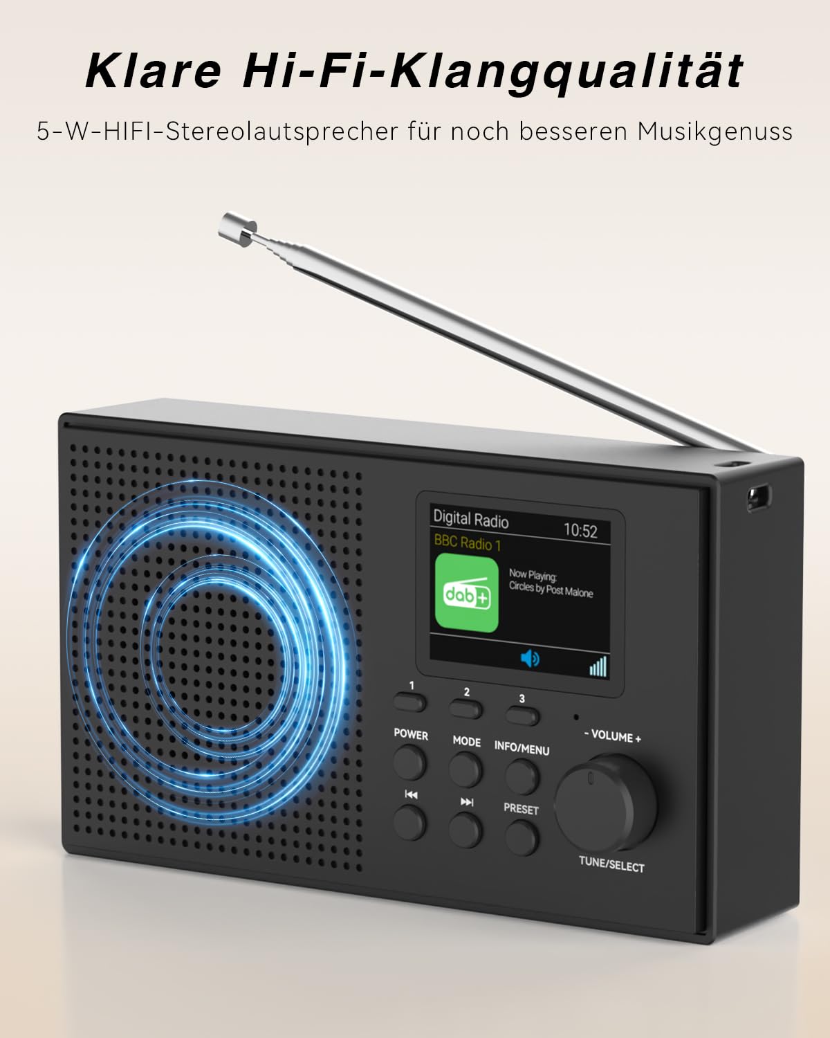 Tragbarer DAB DAB+ Radio mit Bluetooth FM USB/TF Player 2,4" Farbdisplay | 80 Voreinstellungen, 2000mAh Akkubetrieb für 12 Stunden Spielzeit, Unterstützung MicroSD/TF/AUX Anschluss, Alarmfunktionen