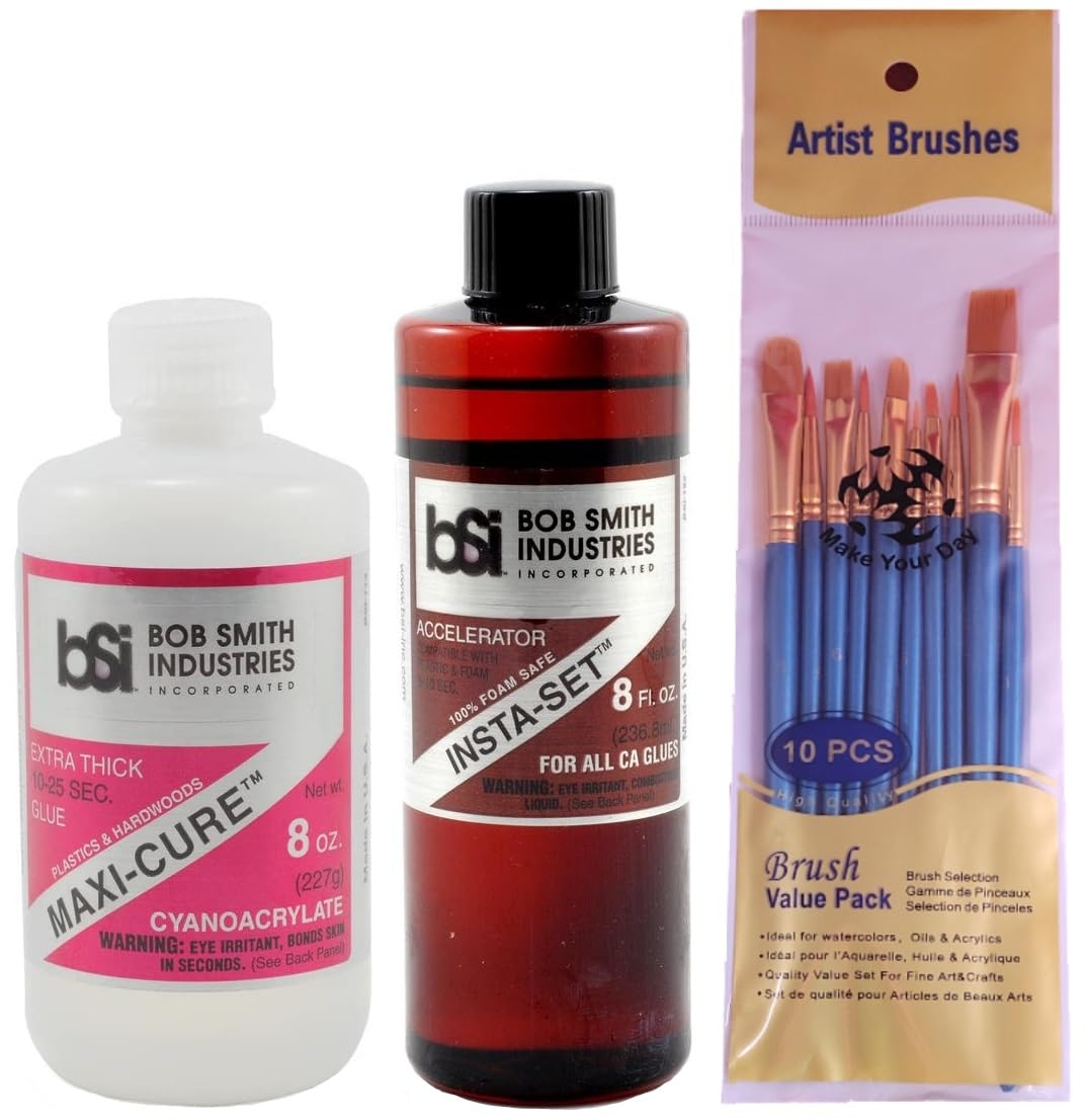 Bob Smith Industries Cyanoacrylate Glue, Super Glue, Extra Thick Maxi-Cure 8oz and Accelerator Insta-Set 8oz (Pack of 2) - Bundled with Make Your Day Paintbrushes