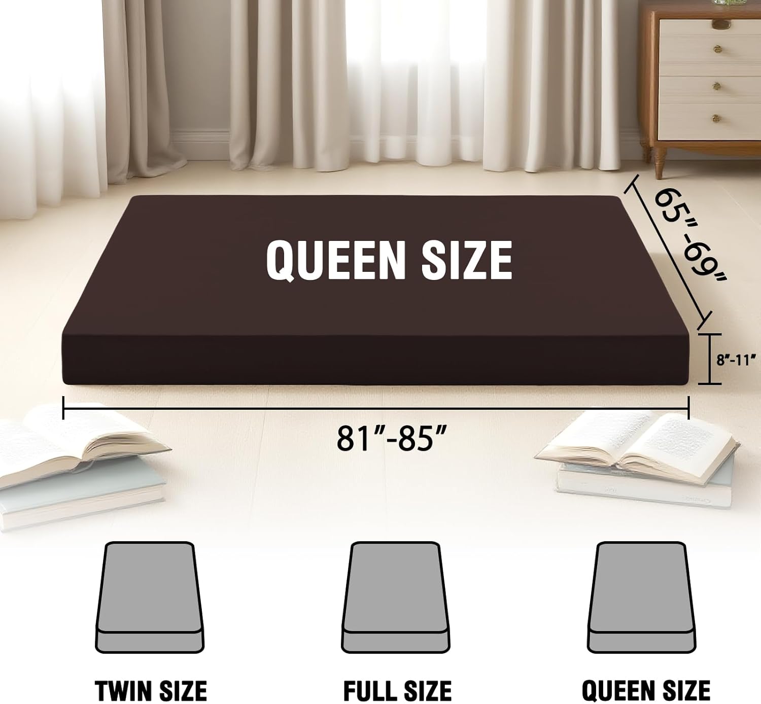 PrinceDeco Mattress Cover for Sofa Bed/Folding Mattress Couch, Thick and Soft Futon Cover for Japanese Floor Futon Mattress with Zipper Machine Washable,Queen Size,Brown