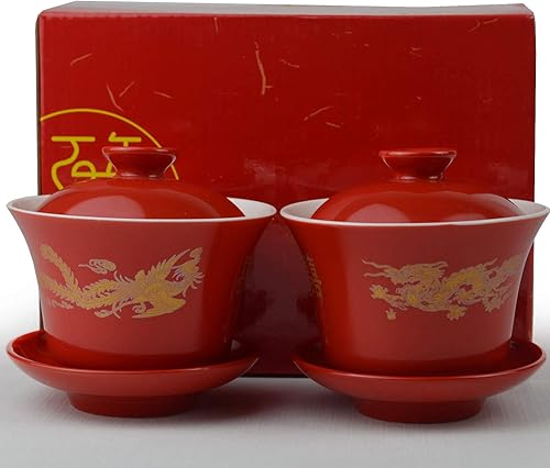 Miniatura 7 de Gaiwan - Juego de 2 tazas de porcelana de 8 onzas, diseño de dragón chino y fénix