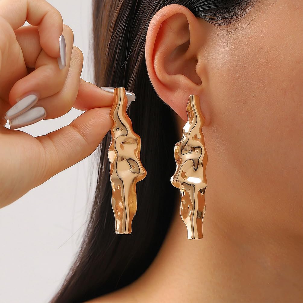 Statement Gold Hammered Irregular Dangle Drop Earrings for Women, Unique Long Silver Liquid Metal Dangling Earring Trendy Y2K Prom Party Jewelry Gifts - Image 3