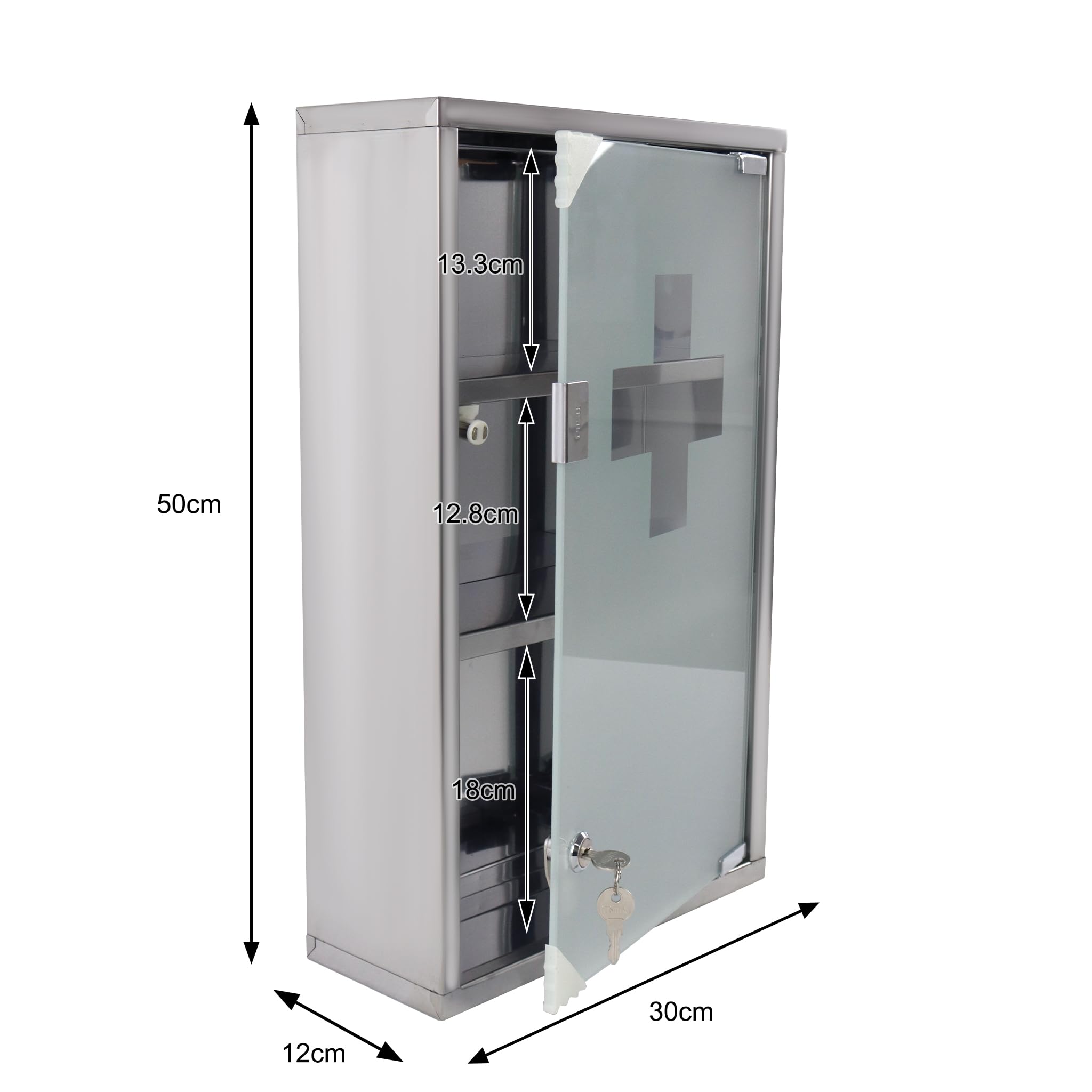 UISEBRT Medizinschrank aus Edelstahl 30 x 12 x 50cm, 3 Fächer Abschließbar Arzneischrank mit Glastür, Erste Hilfe Schrank inkl. 2 Schlüsseln, Medikamentenschrank Apothekerschrank, Silber
