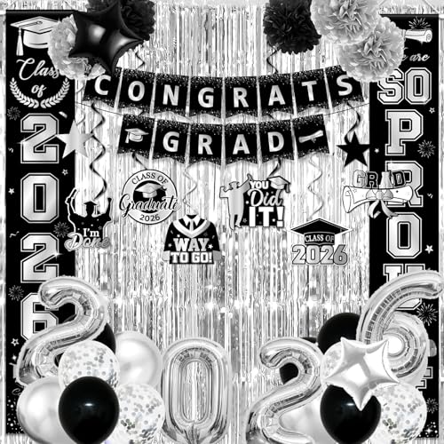 Image of Black and Silver Graduation Decorations, Graduation Decorations with Congrats Grad Banner Fringe Foil Curtain 2026 Balloons Graduation Photo Props for Silver Graduation Decorations Class of 2026