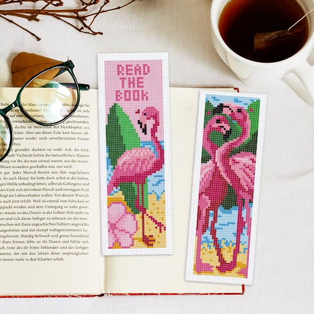 Image of INFUNLY 6PCS Flamingo Cross Stitch Bookmarks Kit Pink Handmade Cross Stitch Bookmarks Make Time to Read DIY Cross Stitch Bookmark Set with Backing Felt Floss Instruction for Adult Book Lovers