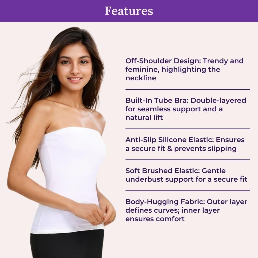 ADIRA | Tube Tops for Girls | Off-Shoulder Style | Built-in Bra | Secure Anti-Slip Elastic | Comfortable Support | Breathable Cotton Stretch | Modest Full Coverage | Pack of 1 | White | M 2