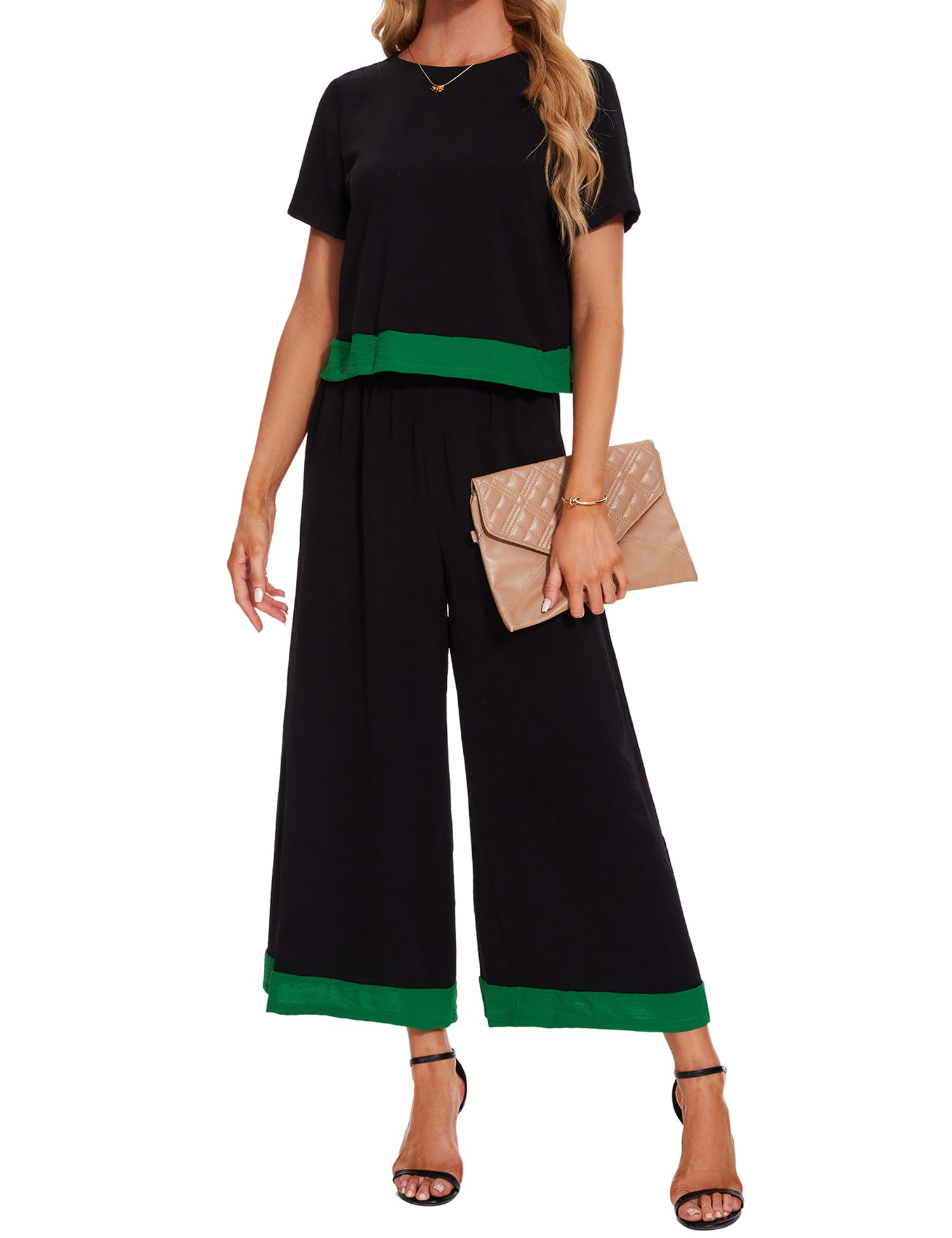 Heersan2 Piece Loungewear Sets for Women, Oversized Short Sleeve Tops and Wide Leg Trousers Fashion Elegant Outfits Tracksuits Loungewear Ladies Pyjamas XS-L