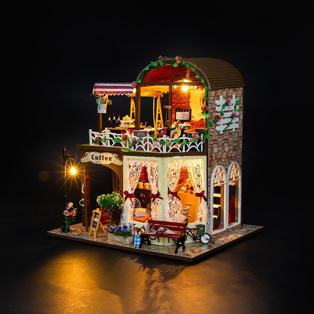 Kit de casa en miniatura DIY con música, cafetería casa de muñecas de madera, habitación creativa regalo de cumpleaños adolescente