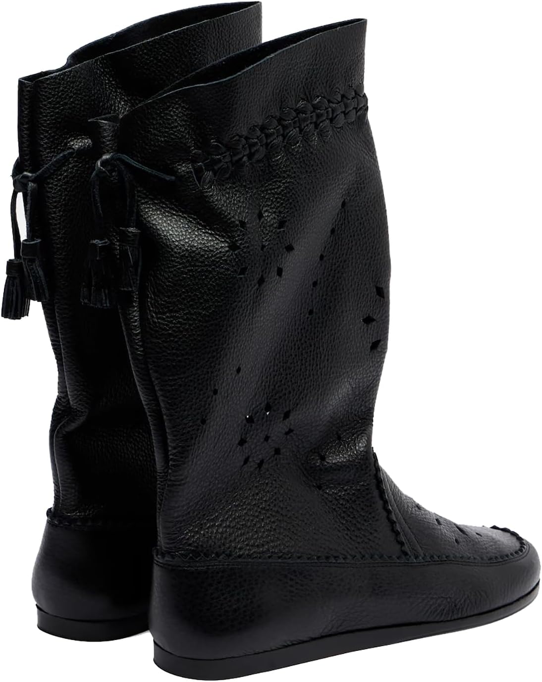 Women's Laser-Cut Mid Calf Boots Round Toe Pull On Wide Calf Flat Perforated Western Cowboy Boots