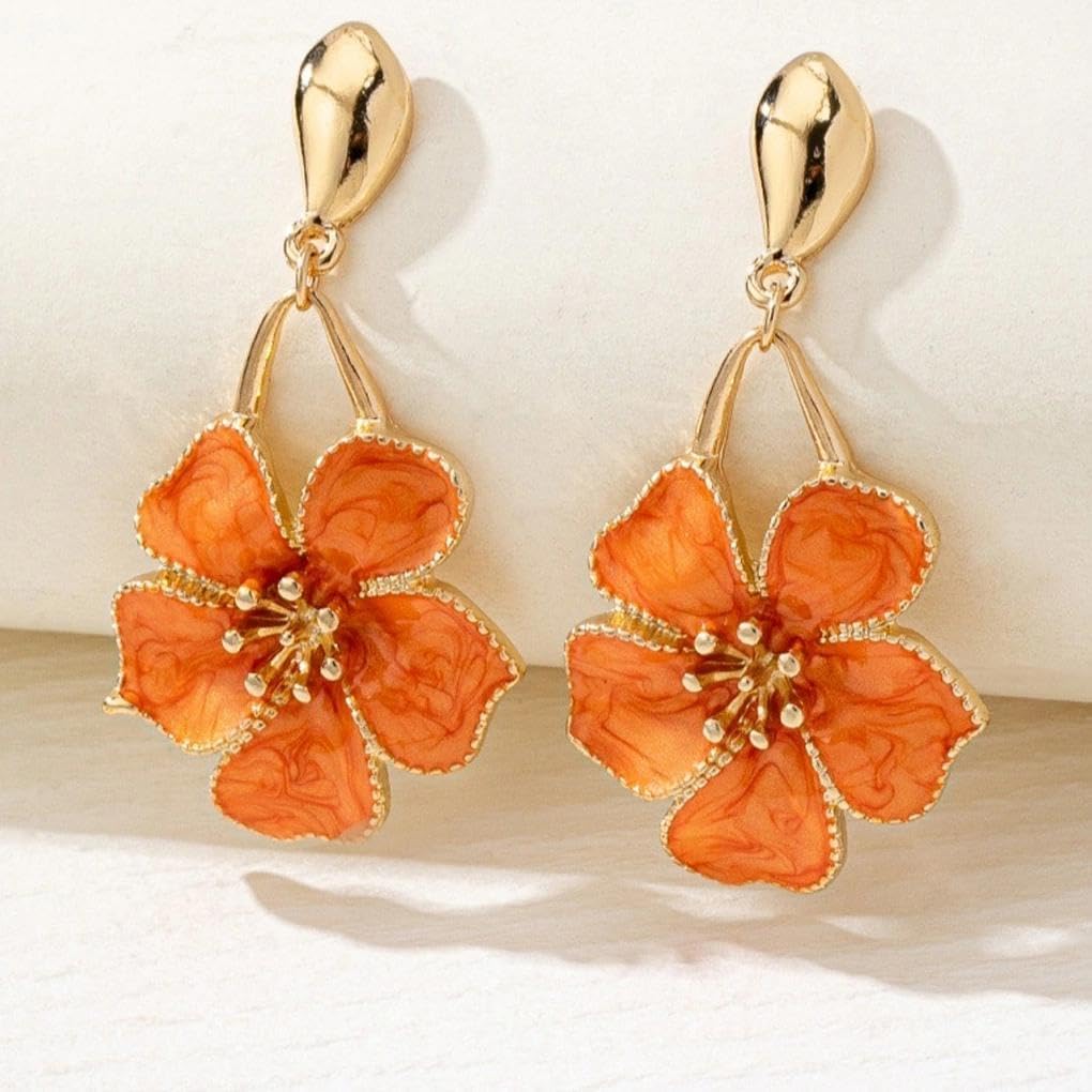 Boho Enamel Flower Dangle Earrings for Women,Vintage Gold Statement Earrings Minimalist Modern Earring Jewelry Accessories Gifts image 4