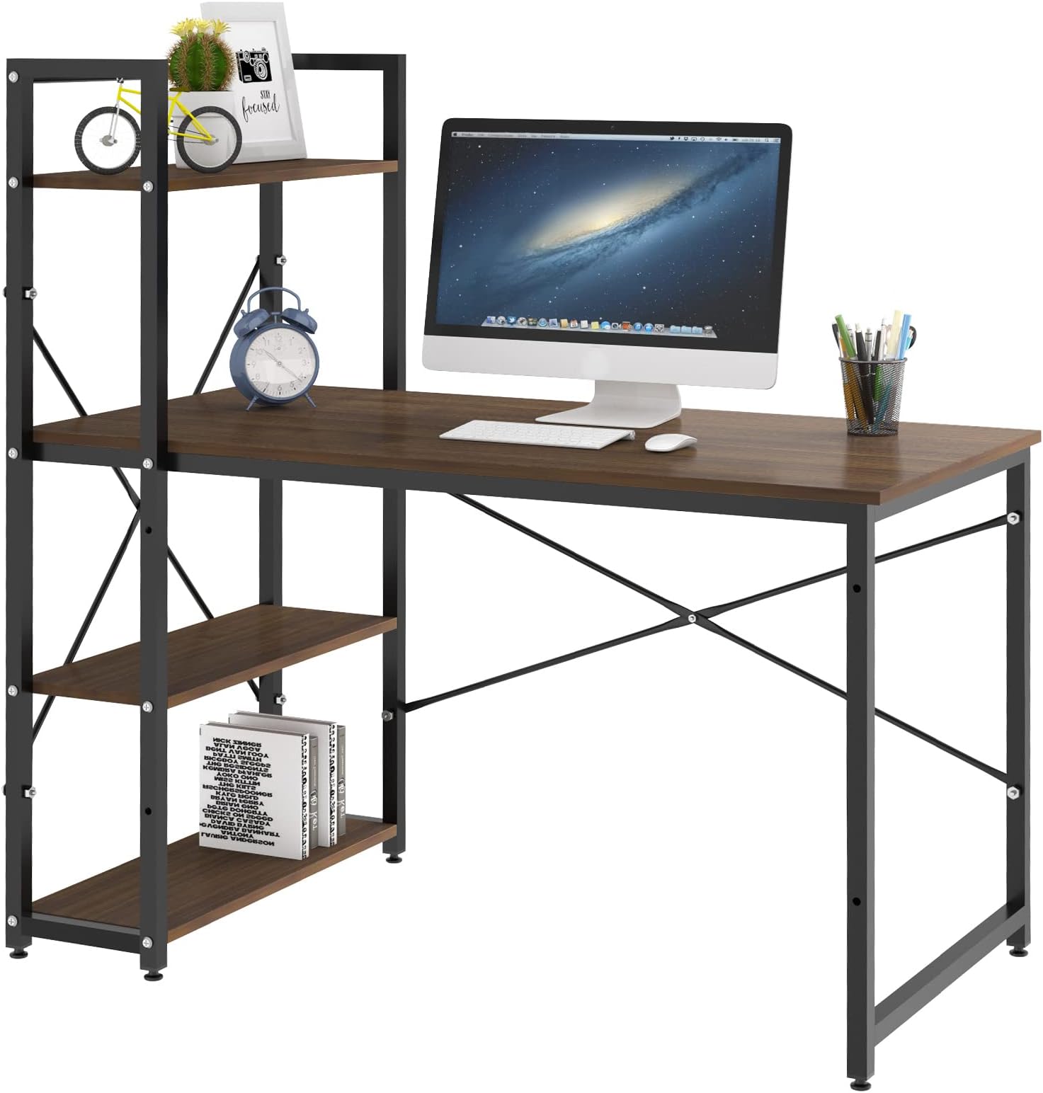 Dripex Computer Desk with 4 Tier DIY Storage Shelves, Writing Desk with Bookshelves - Modern PC Laptop Student Study Table for Home Office Workstation, Walnut