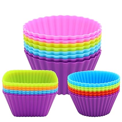 24 PCS Silicone Cupcake Liners, 2 Shapes of Reusable Silicone Muffin Cups, 2 Sizes of Round Silicone Baking Cups for Lunch Box Dividers